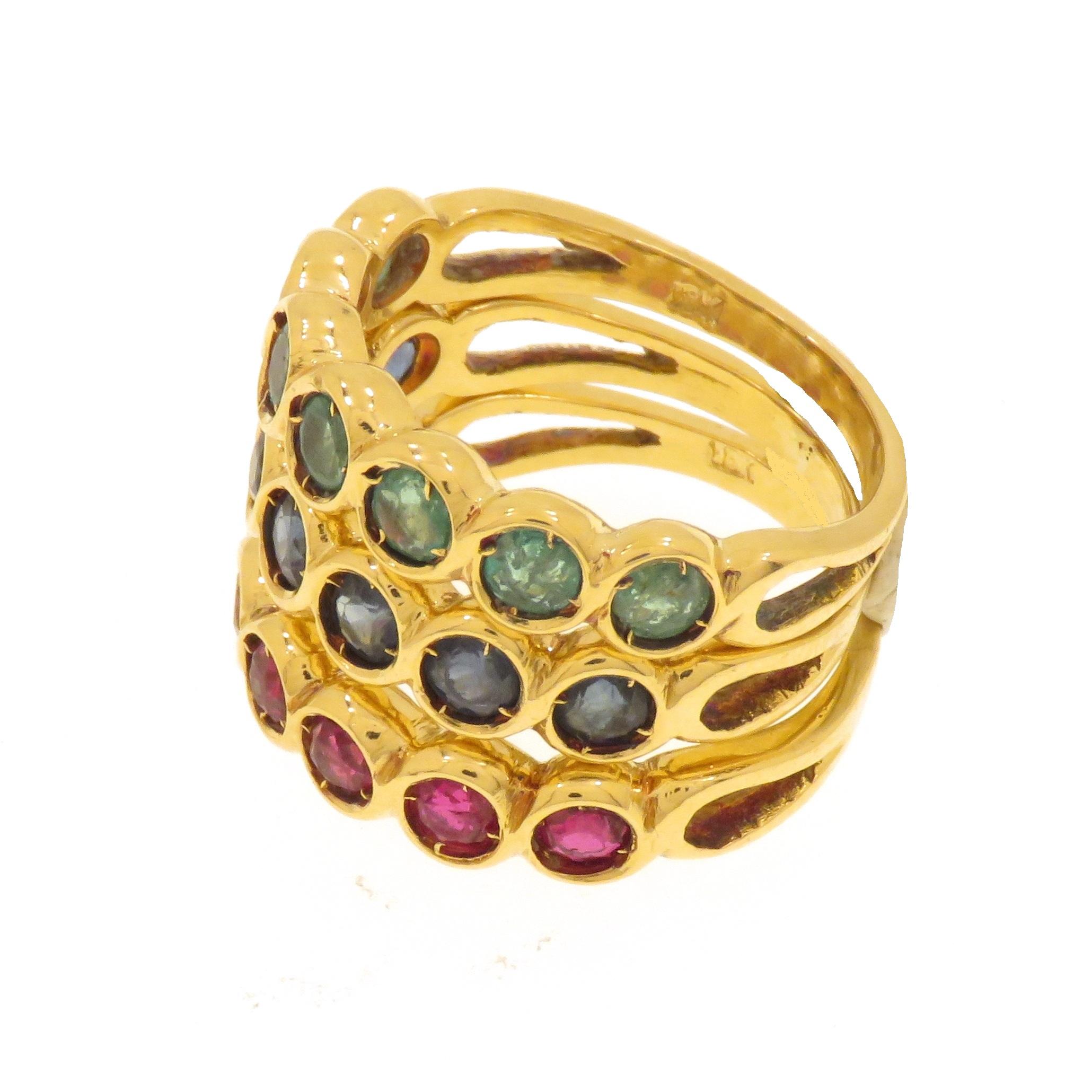 Retro Three 18k Yellow Gold Eternity Wedding Rings With Rubies Sapphires Emeralds For Sale