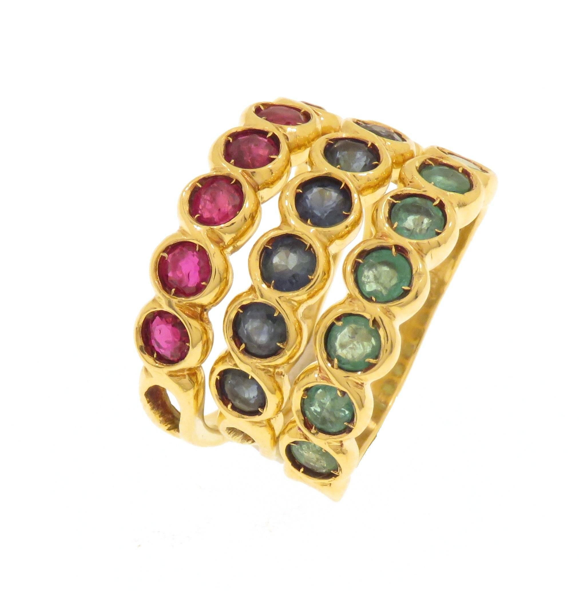 Round Cut Three 18k Yellow Gold Eternity Wedding Rings With Rubies Sapphires Emeralds For Sale