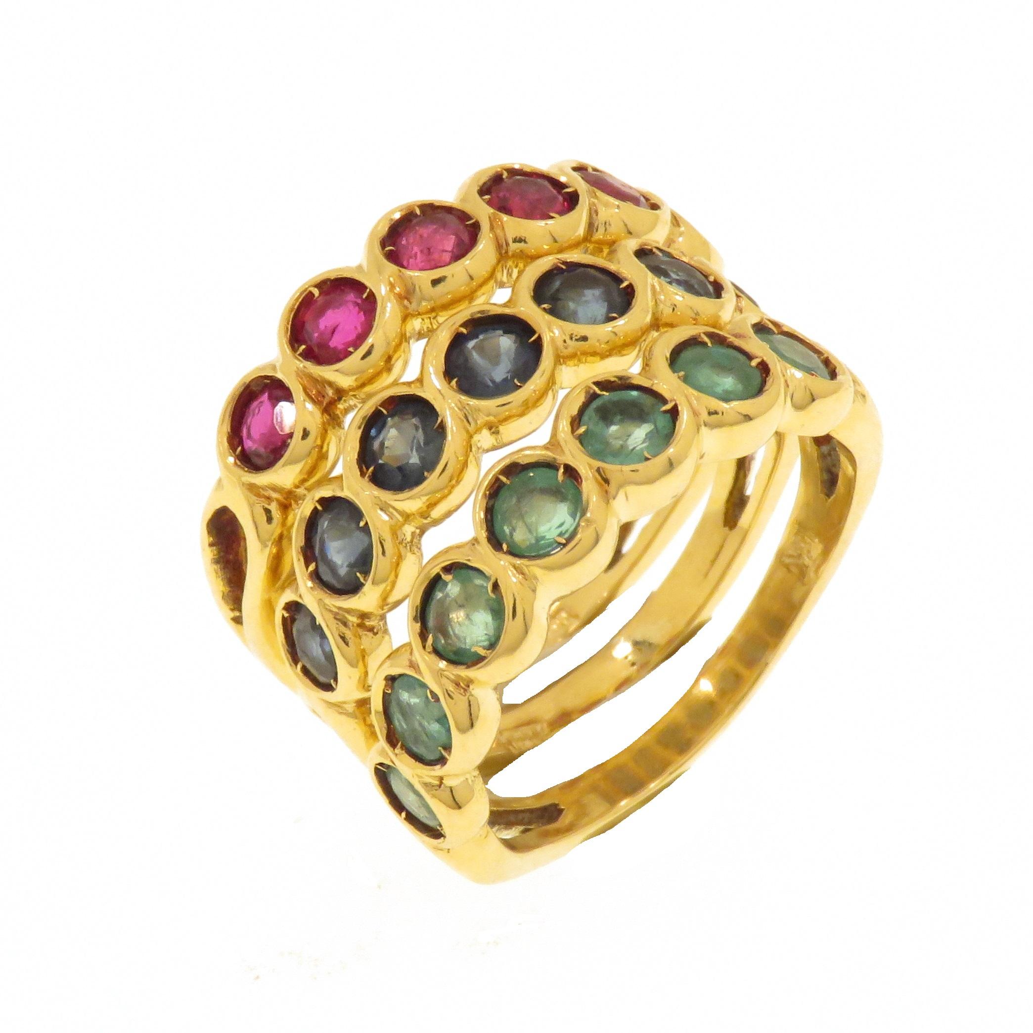 Three 18k Yellow Gold Eternity Wedding Rings With Rubies Sapphires Emeralds In Good Condition For Sale In Milano, IT