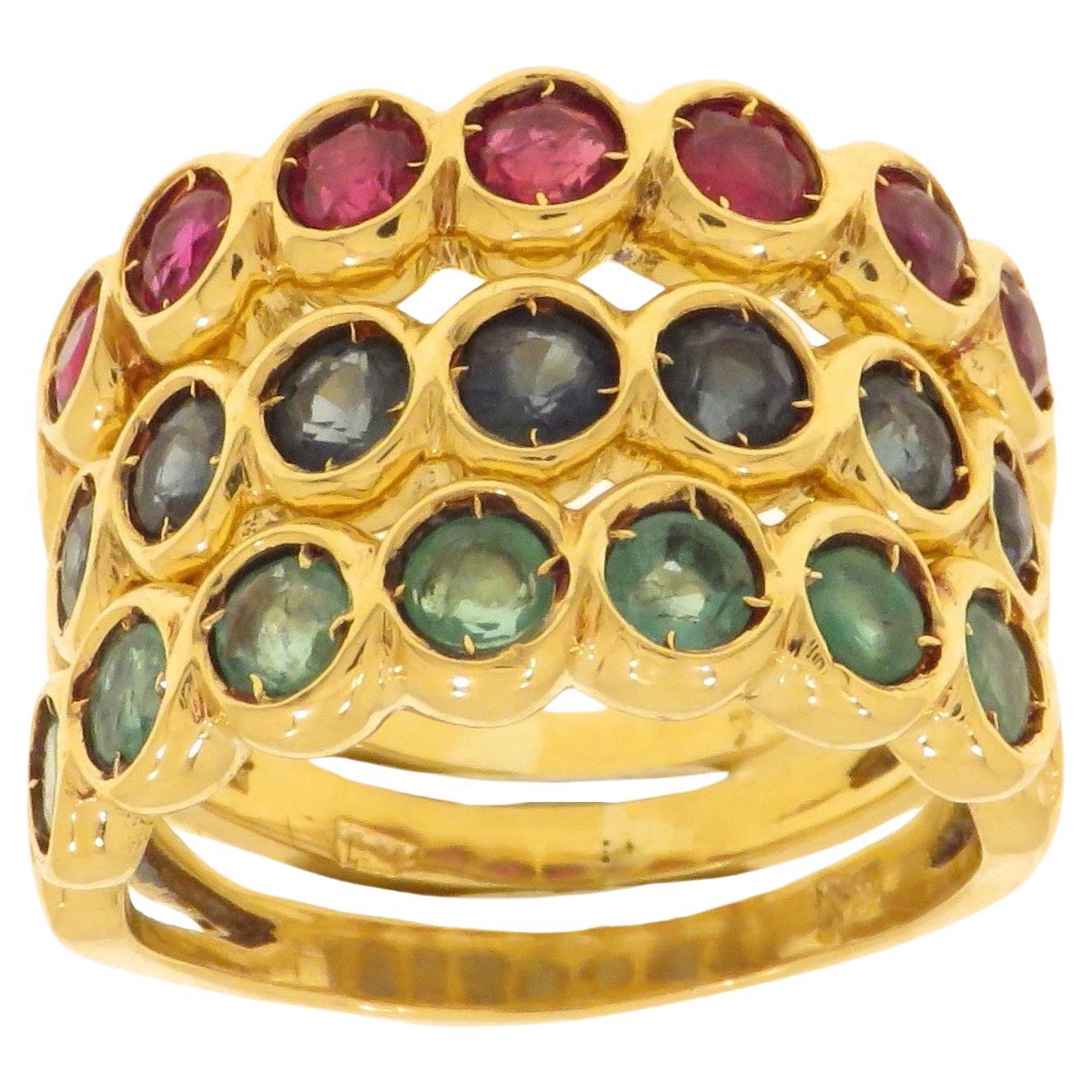 Three 18k Yellow Gold Eternity Wedding Rings With Rubies Sapphires Emeralds For Sale