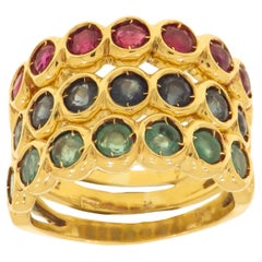 Retro Three 18k Yellow Gold Eternity Wedding Rings With Rubies Sapphires Emeralds