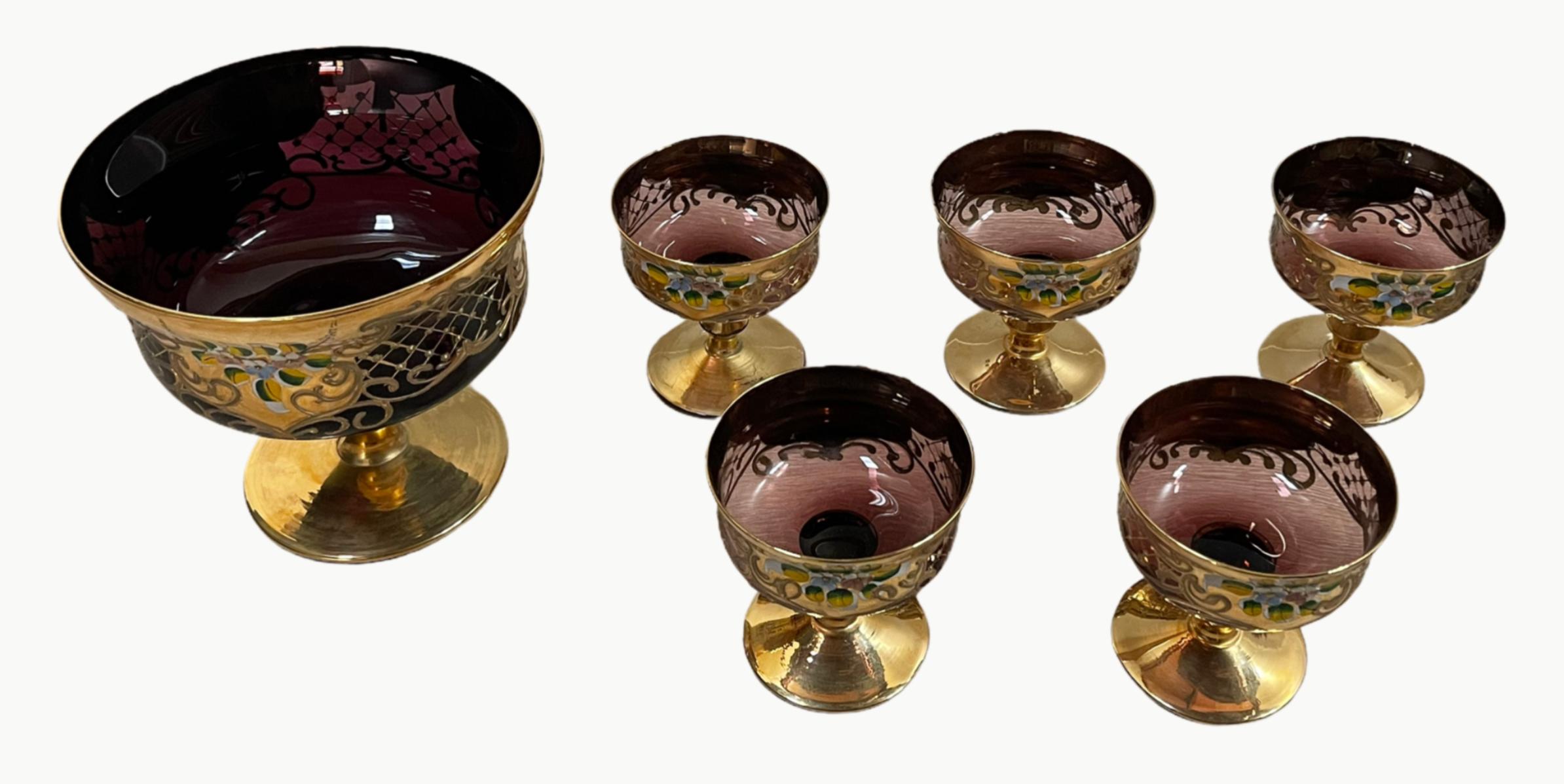 The murano glass dessert set is made in a rare technique called Tre Fuochi, which means “three flames” or “triple-firing” in Italian. This technique hails from the opulence of the eighteenth century Venice where many wealthy Venetians and foreigners