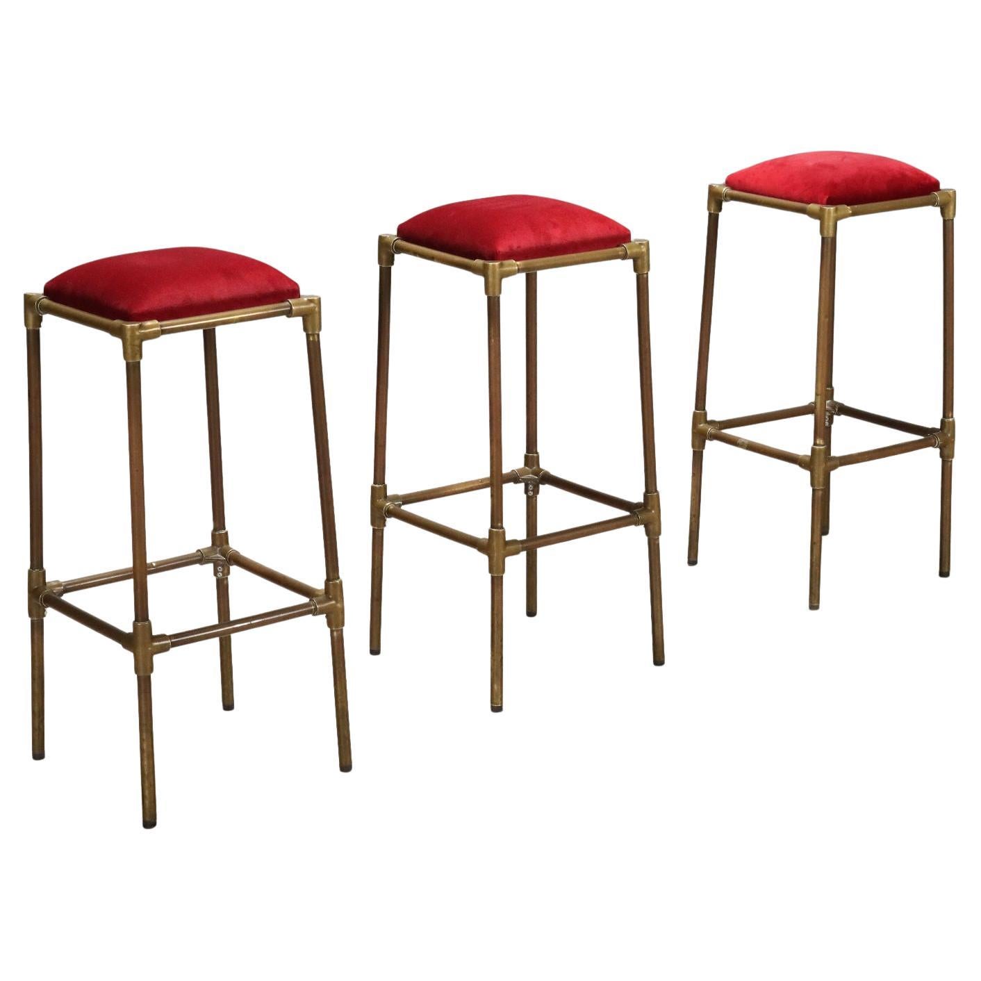 Three 1950s Brass Stools and Red Velvet Seat For Sale