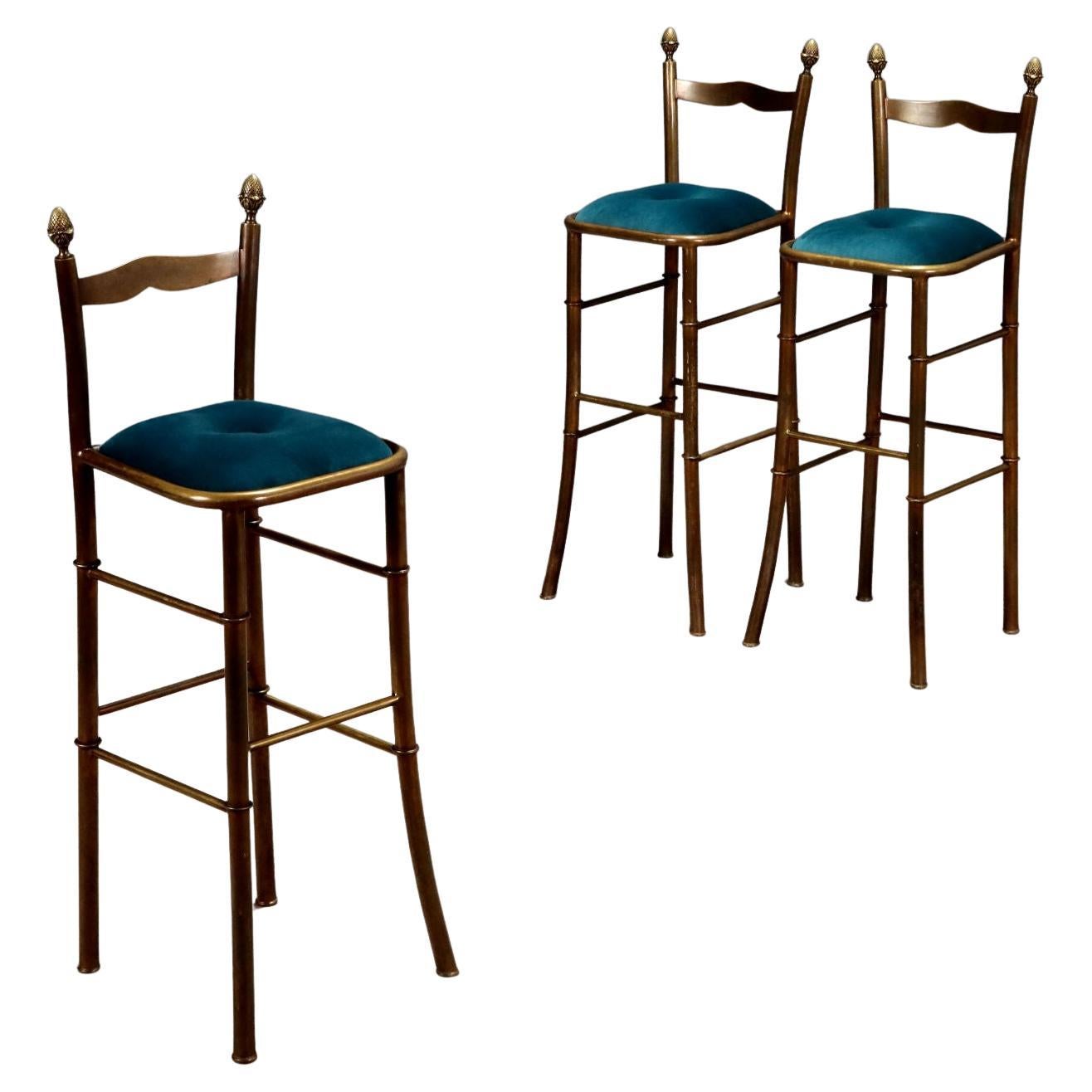 Three Vintage Brass 1950s Stools with Turquoise Velvet Seat