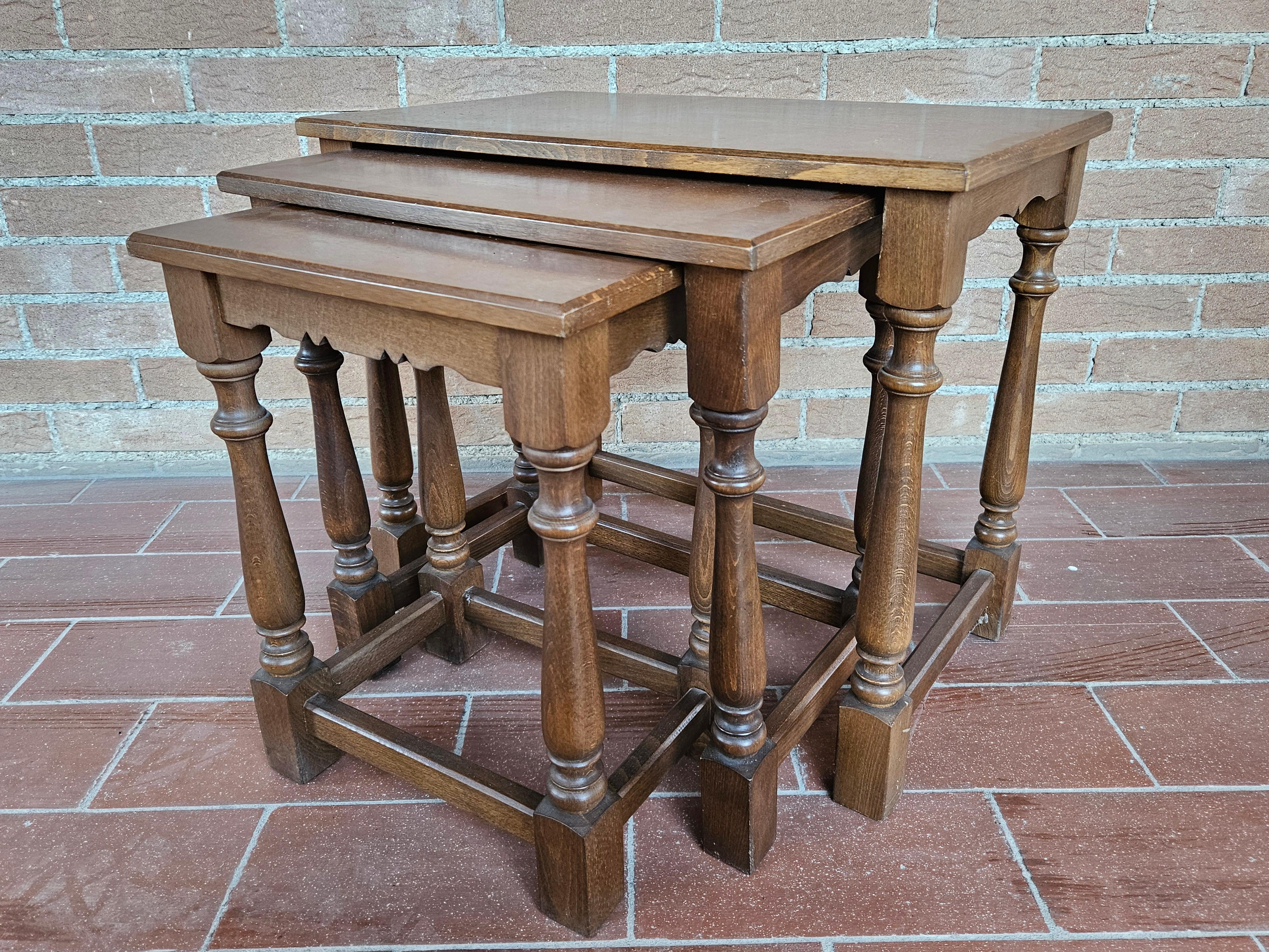 Set of three Italian-made interlocking side tables from the early 1980s.

Large coffee table measurements: W 59cm, D 36.5cm, H 50cm
Medium coffee table measurements: W 47.5cm, D 31.5cm, H 47cm
Small coffee table measurements: W 35.5cm, D 26cm, H