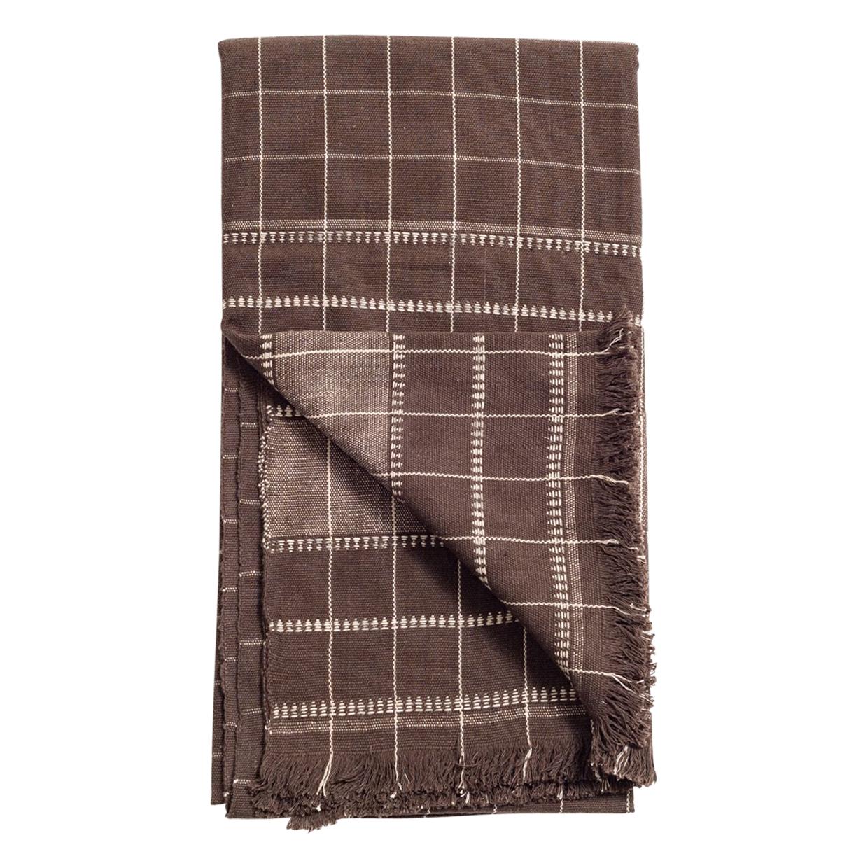 Treacle Brown Handloom Throw / Blanket In Organic Cotton In Checks Pattern