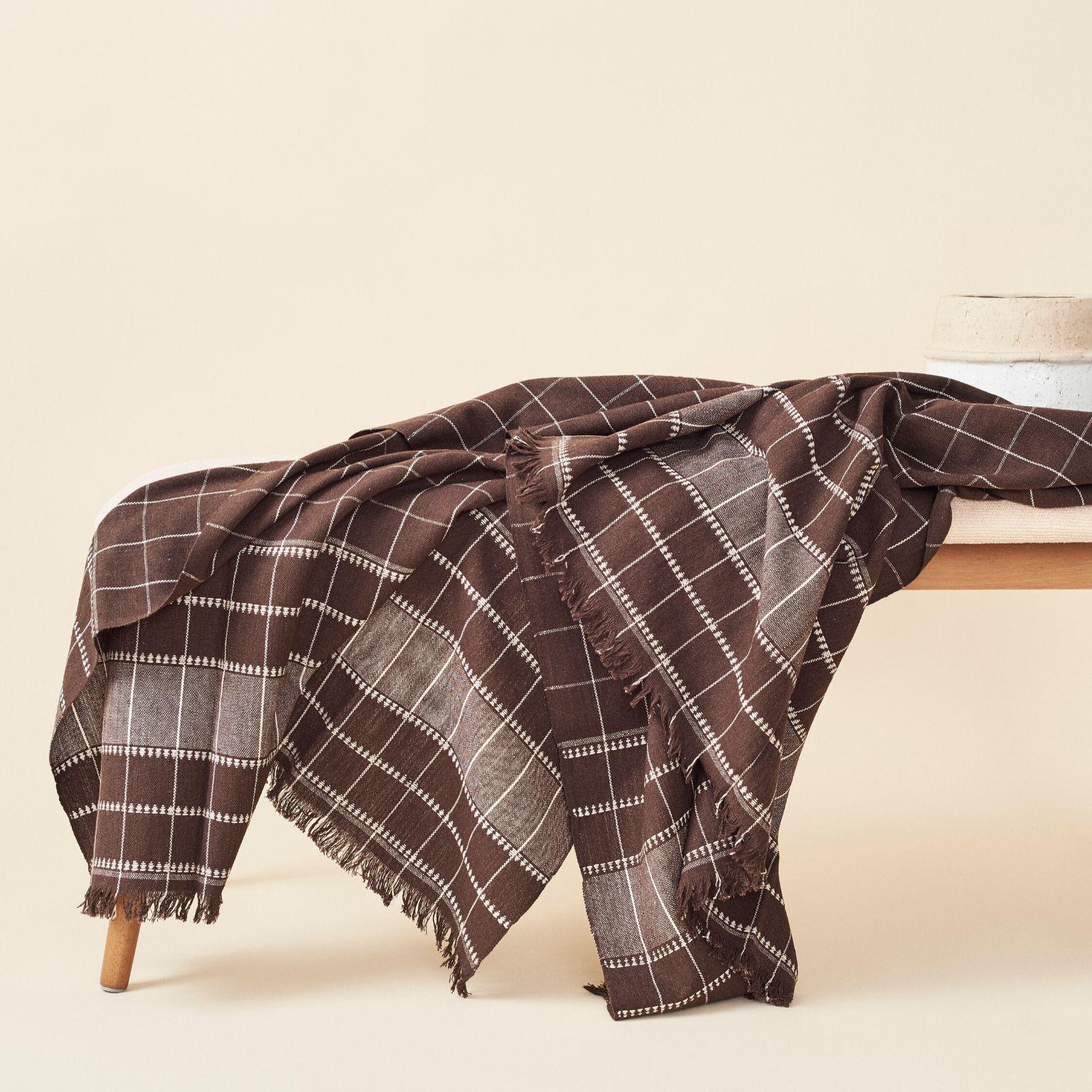 Nepalese Treacle Brown Handloom Throw / Blanket In Organic Cotton In Checks Pattern For Sale