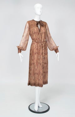 Treacy Lowe Bohemian Brown Ethnic Keyhole Smocked Silk Midi Dress - M-L, 1970s