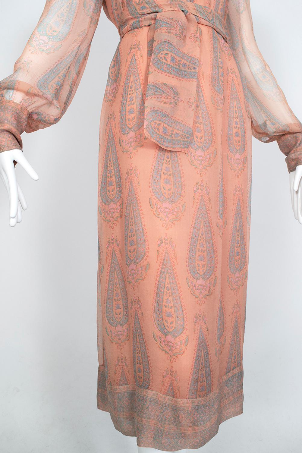 Treacy Lowe Bohemian Peach Paisley Smocked Silk Midi Dress - M-L, 1970s For Sale 6