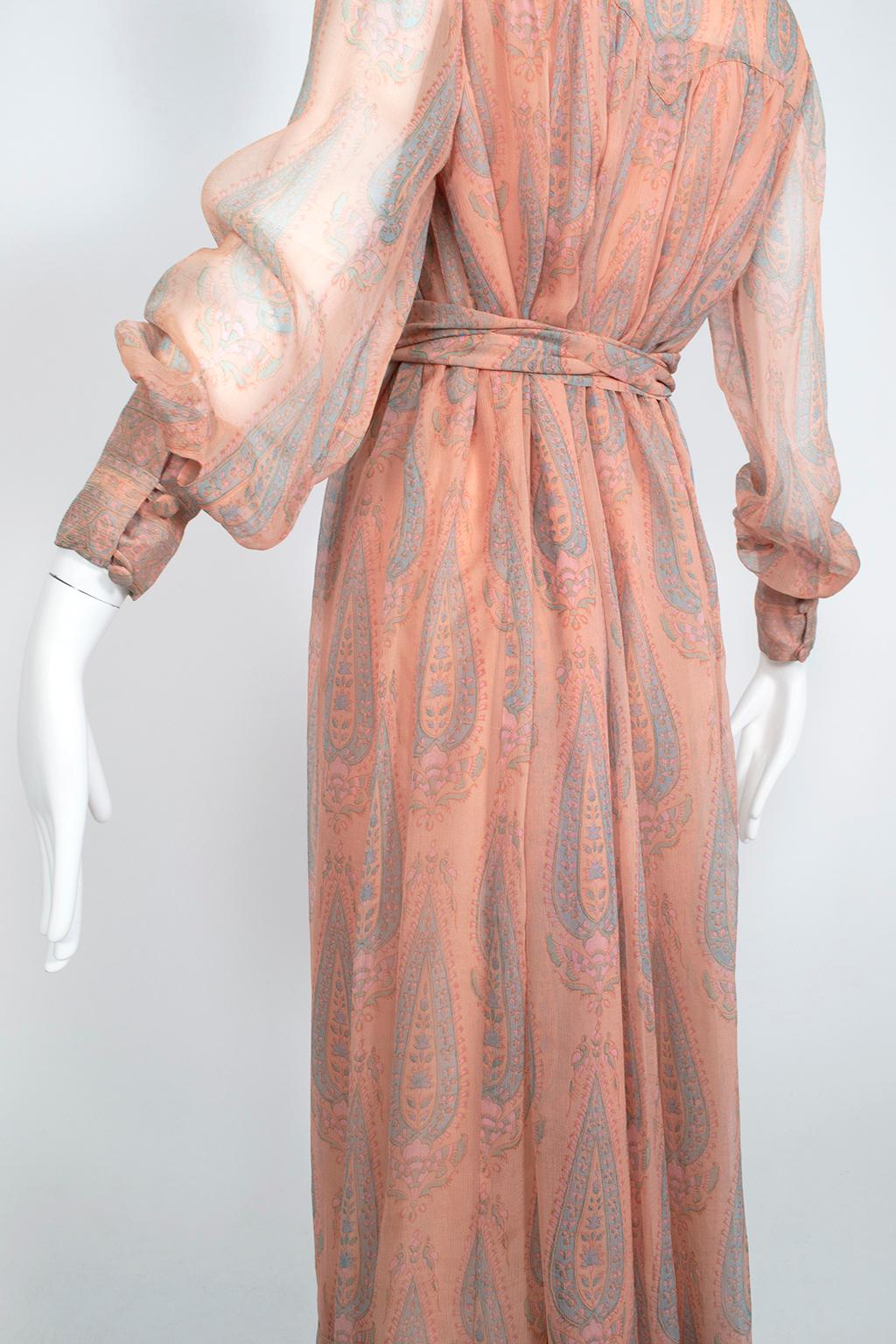 Treacy Lowe Bohemian Peach Paisley Smocked Silk Midi Dress - M-L, 1970s For Sale 7