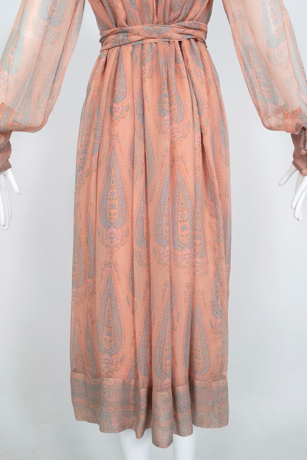 Treacy Lowe Bohemian Peach Paisley Smocked Silk Midi Dress - M-L, 1970s For Sale 8