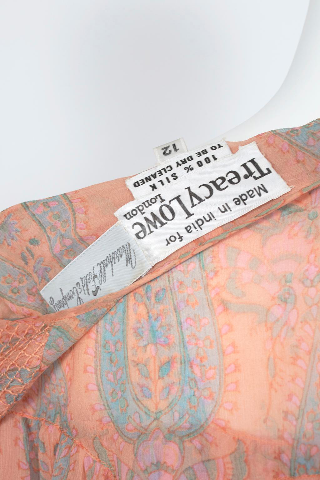 Treacy Lowe Bohemian Peach Paisley Smocked Silk Midi Dress - M-L, 1970s For Sale 9