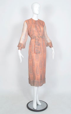 Treacy Lowe Bohemian Peach Paisley Smocked Silk Midi Dress - M-L, 1970s