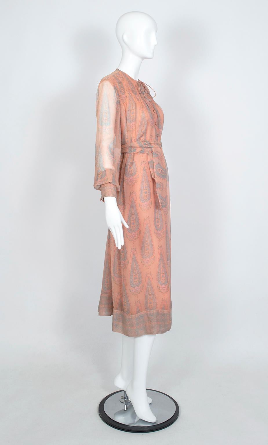 Brown Treacy Lowe Bohemian Peach Paisley Smocked Silk Midi Dress - M-L, 1970s For Sale