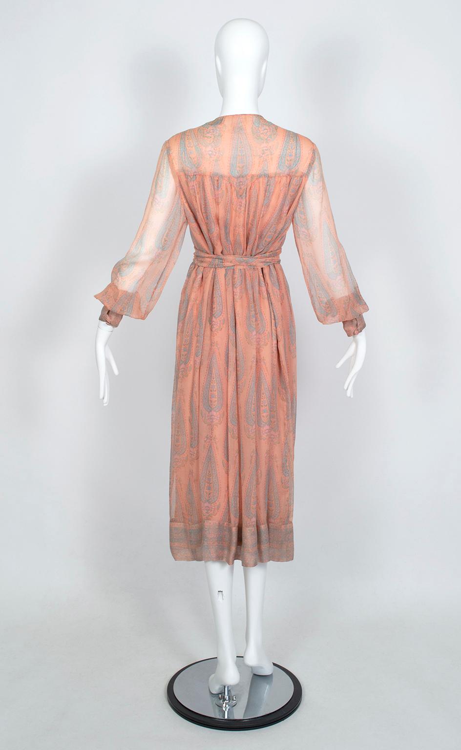 Treacy Lowe Bohemian Peach Paisley Smocked Silk Midi Dress - M-L, 1970s In Good Condition For Sale In Tucson, AZ