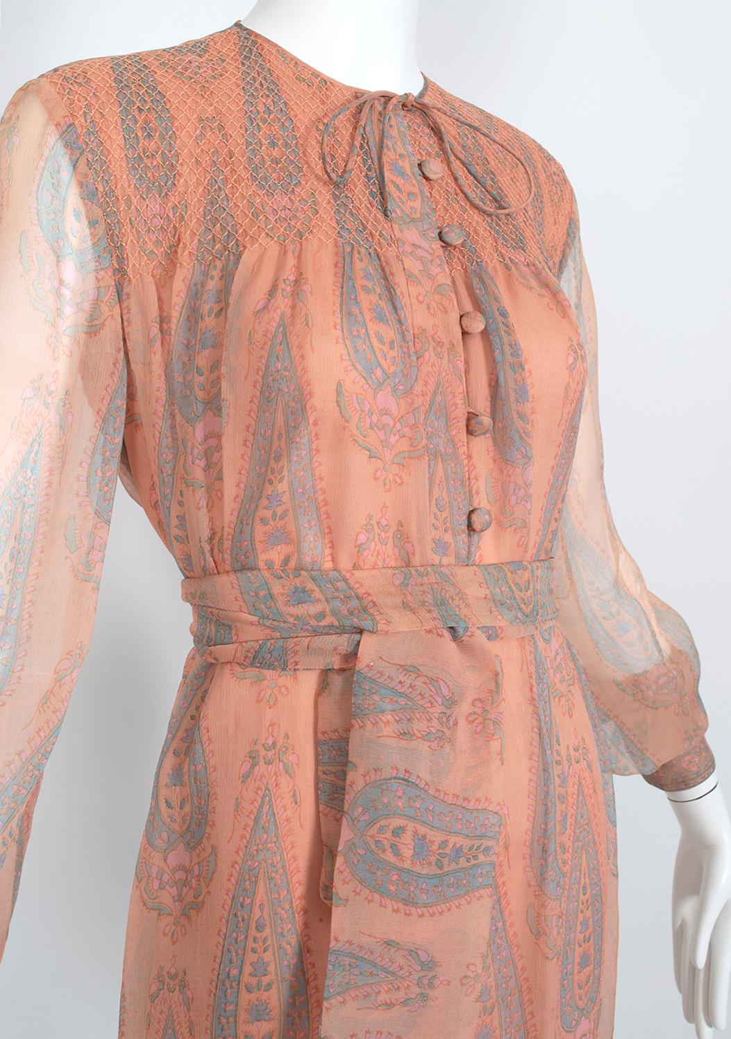 Treacy Lowe Bohemian Peach Paisley Smocked Silk Midi Dress - M-L, 1970s For Sale 1