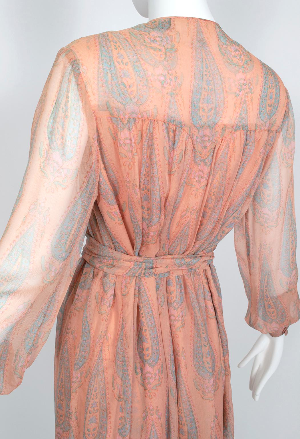 Treacy Lowe Bohemian Peach Paisley Smocked Silk Midi Dress - M-L, 1970s For Sale 2