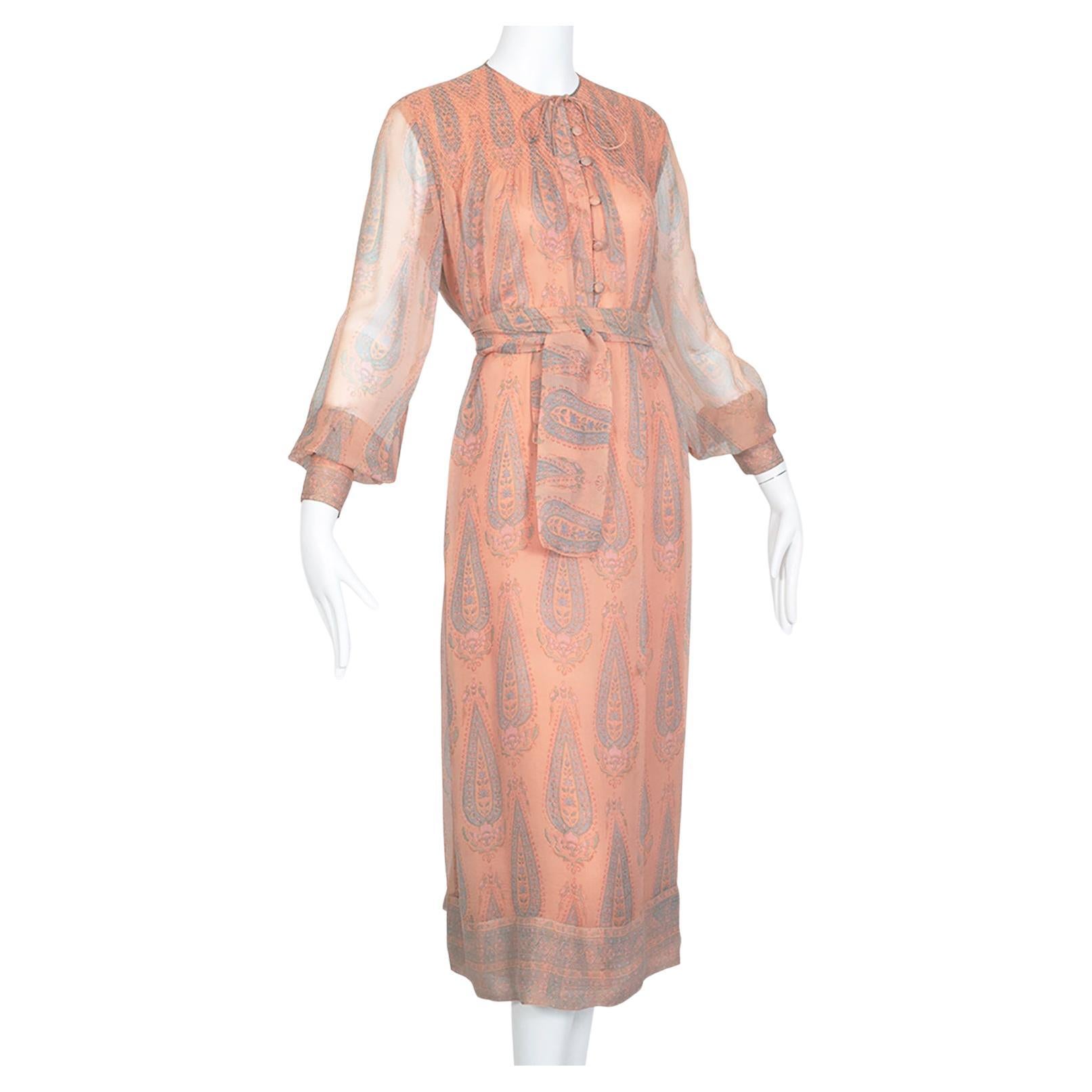 Treacy Lowe Bohemian Peach Paisley Smocked Silk Midi Dress - M-L, 1970s For Sale
