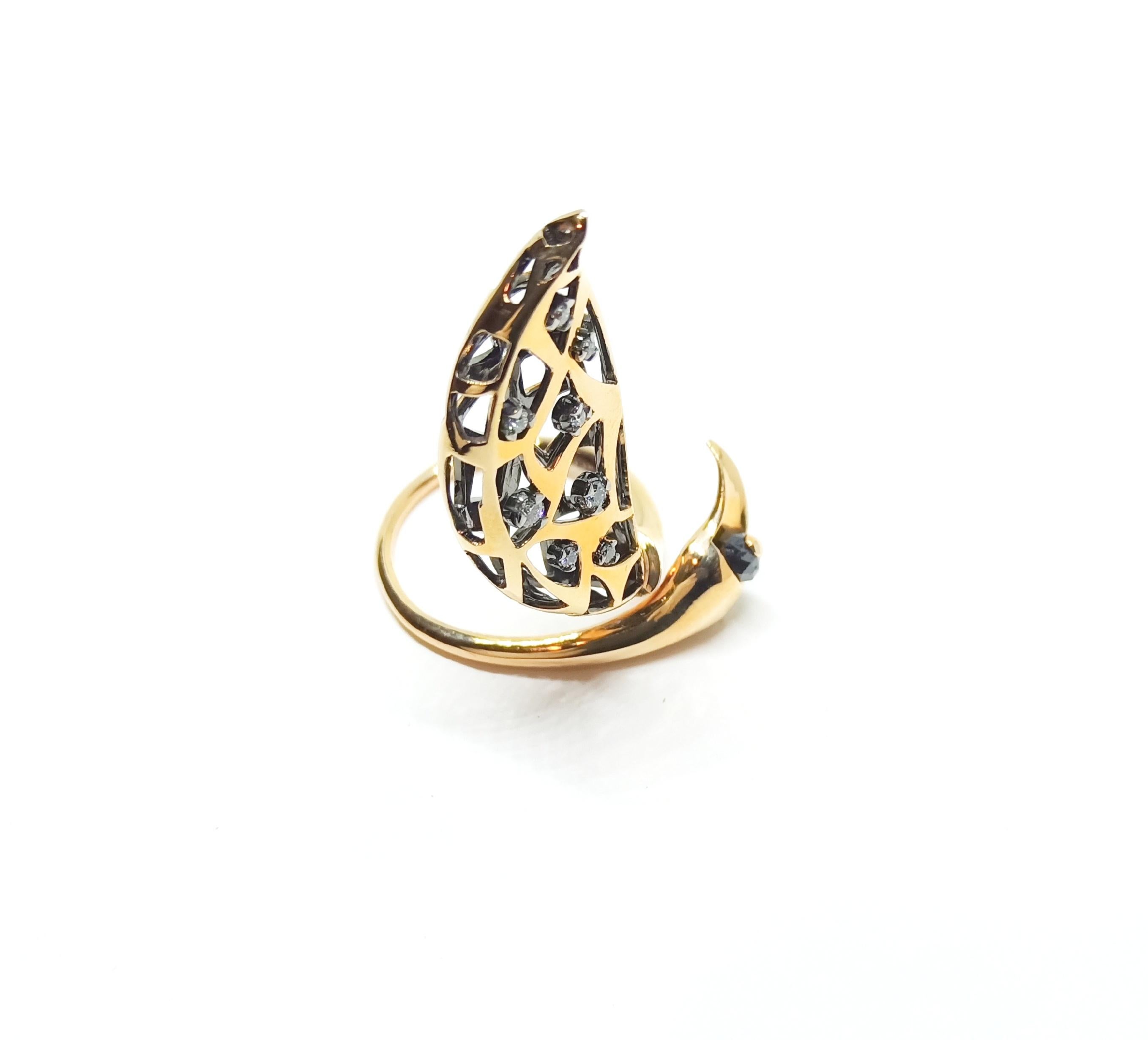 Round Cut Tread the Untreaded Path with Contemporary White & Black Diamond Rose Gold Ring For Sale