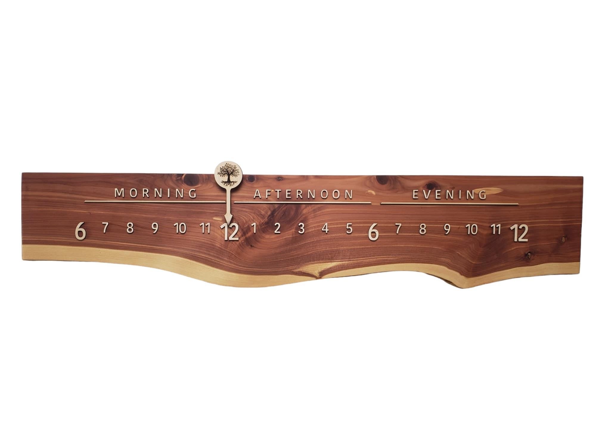 Treasure is a Linear Clock featuring a stunning length of Cedar with a crisply delineated gleaming sapwood edge.

Linear Clocks are an invention of Linear Clockworks; these clocks tell time in a calm, simple, and elegant fashion. We use