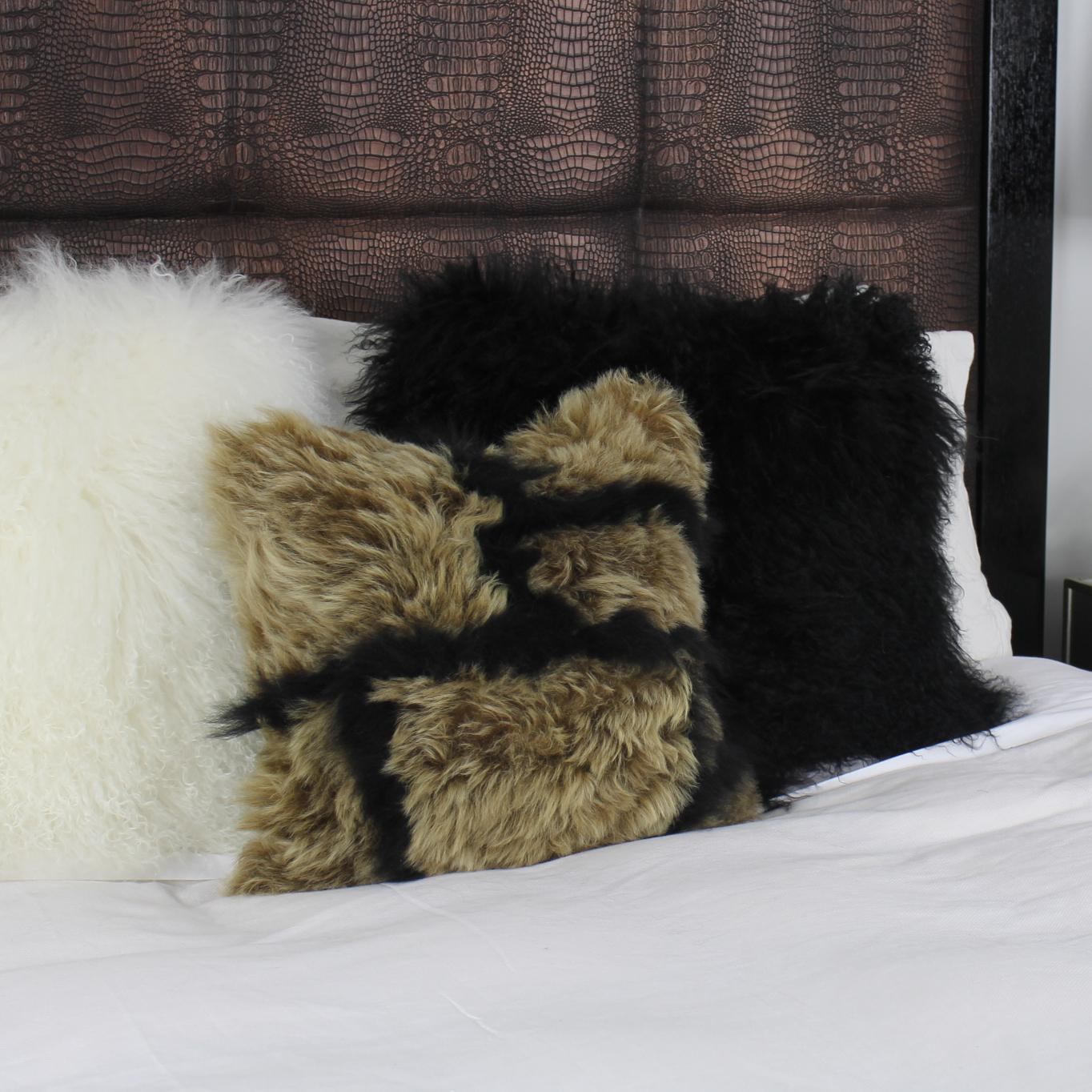 Australian Treasure Black and Gold Sheepskin Pillow, Made in Australia For Sale