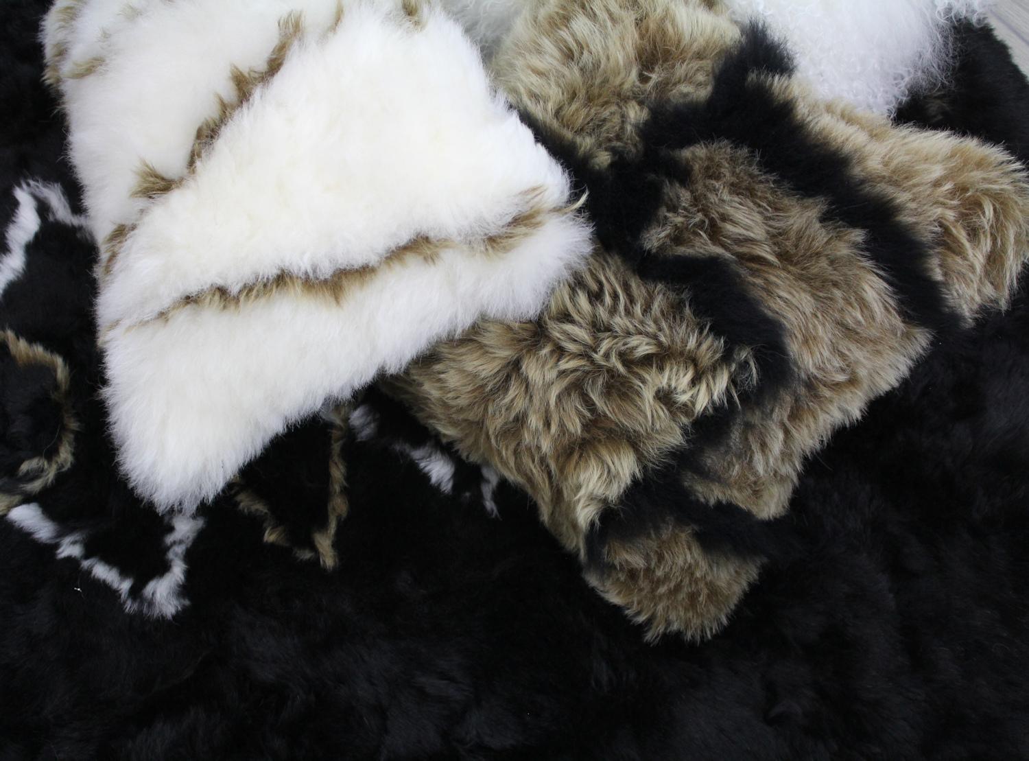 Patchwork Treasure Black and Gold Sheepskin Pillow, Made in Australia For Sale