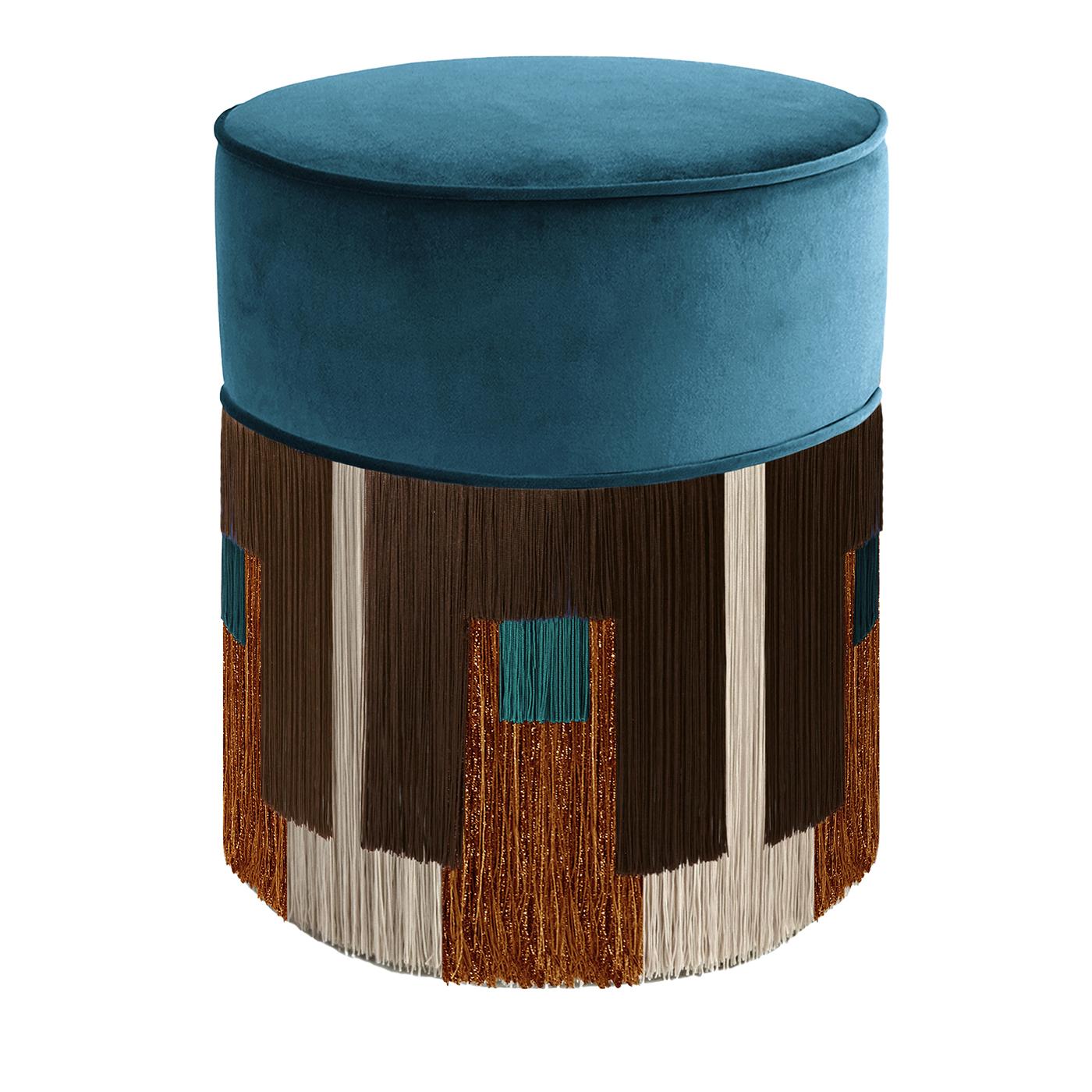 Contemporary Treasure Blue Velvet Brown Fringes Pouf by Lorenza Bozzoli For Sale