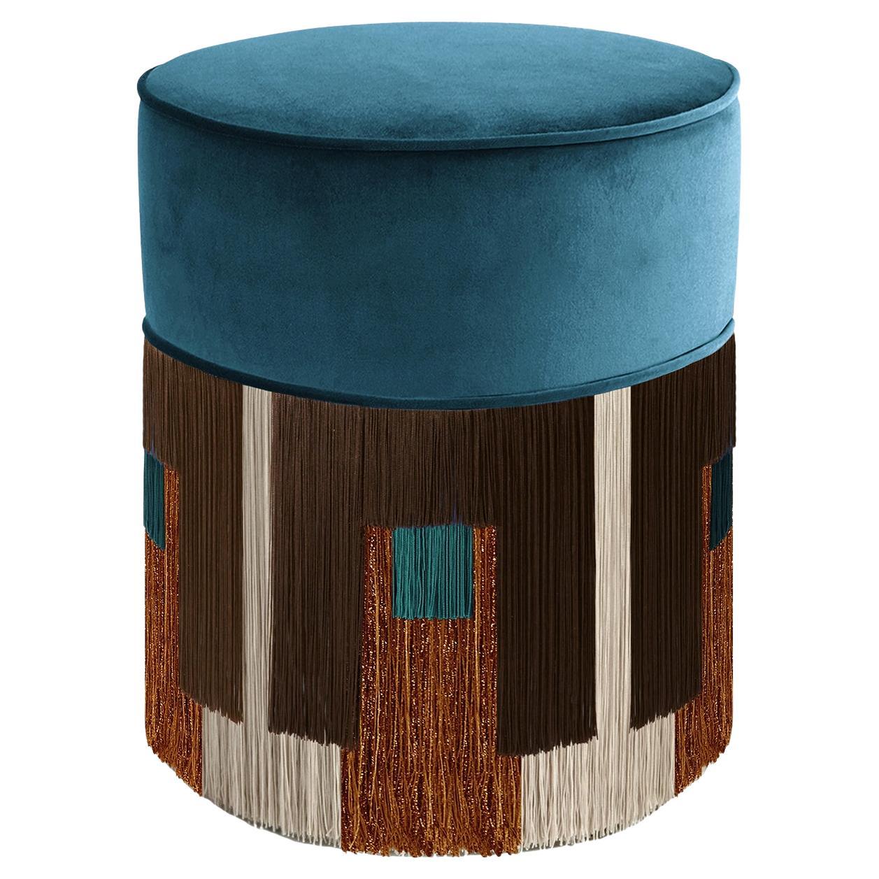 Treasure Blue Velvet Brown Fringes Pouf by Lorenza Bozzoli