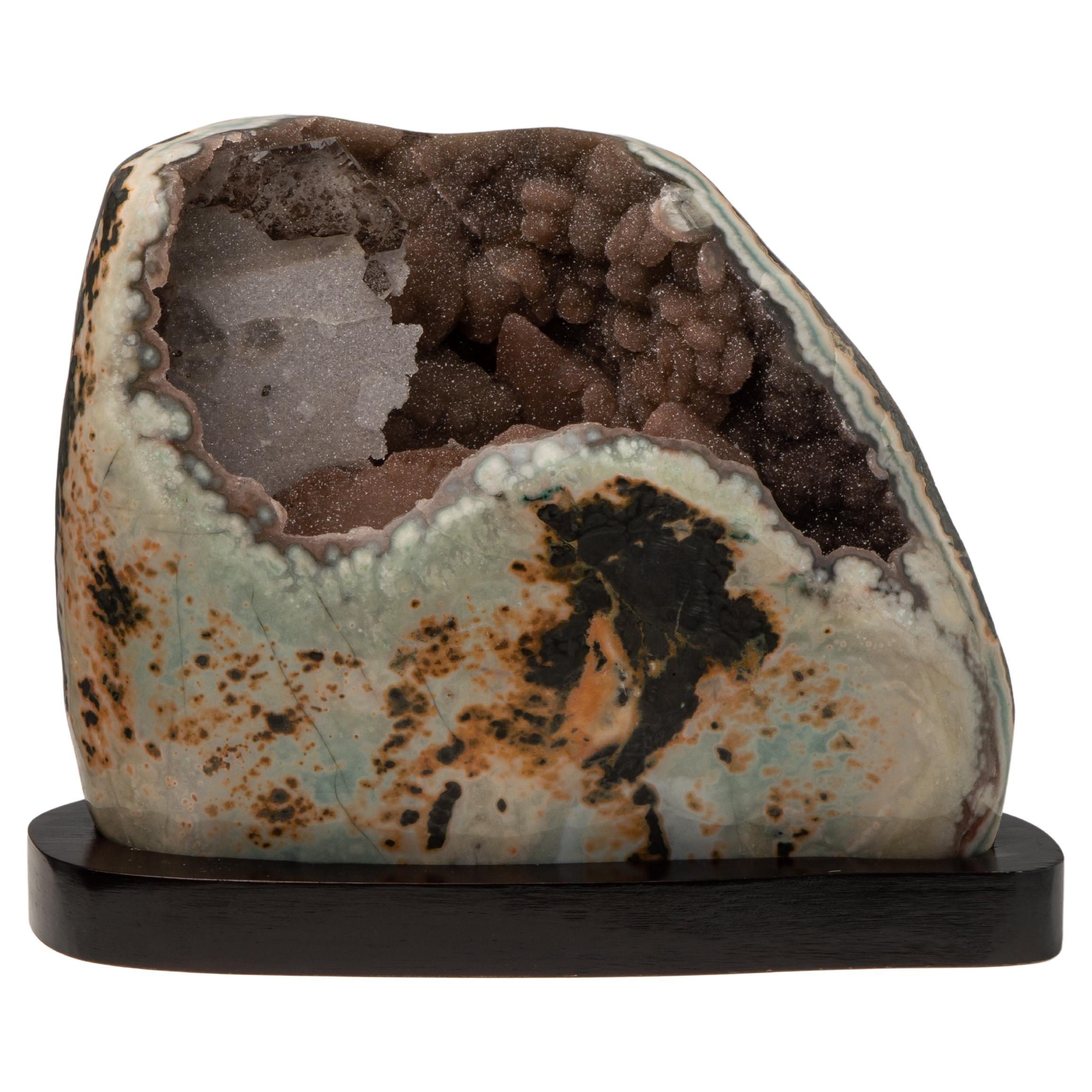 Treasure Chest Borwn Druze, Polished Celadonite Border and Calcite Formation For Sale