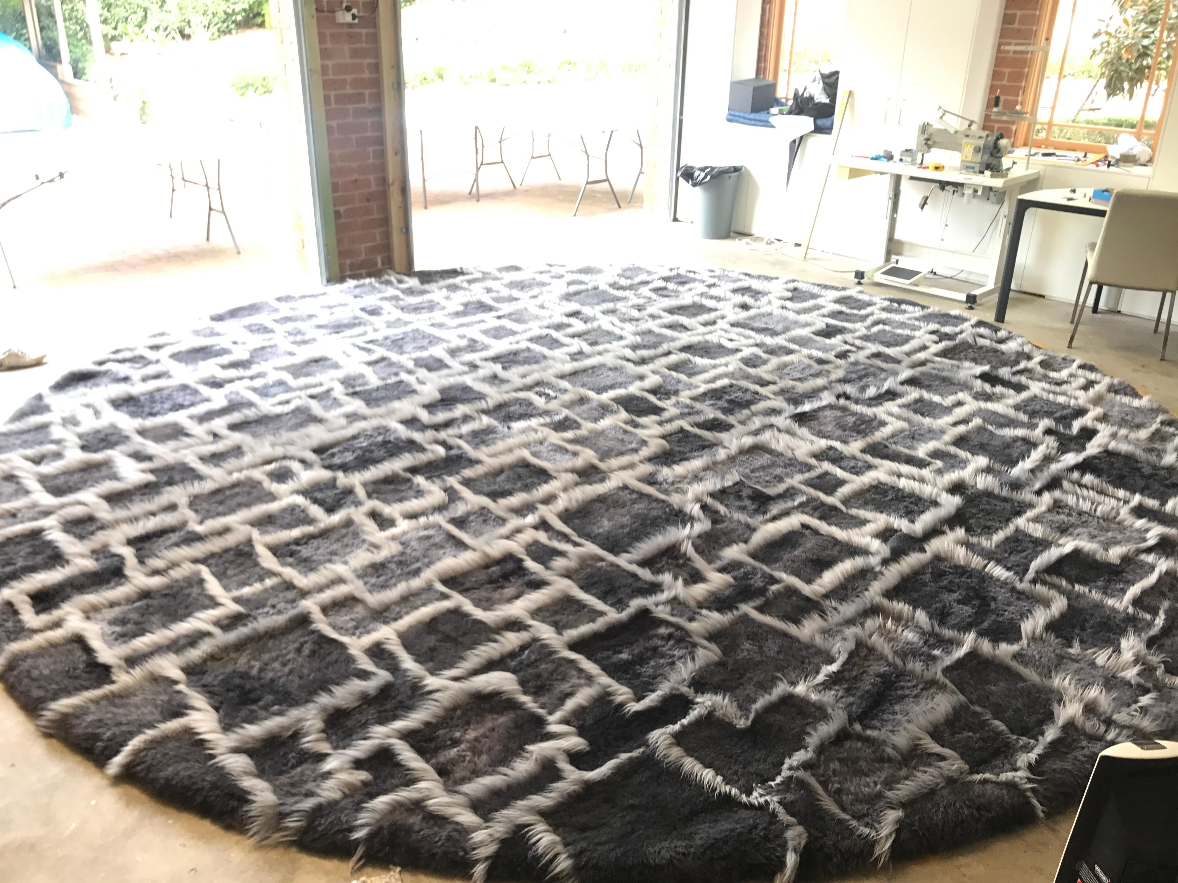 Hand-Crafted Treasure Designer Patchwork Sheepskin Rug in Charcoal Grey, Made in Australia For Sale