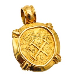 TREASURE DOUBLOON 1645 Spanish Gold 2 Escudos Pendant Framed In 18Kt Yellow Gold