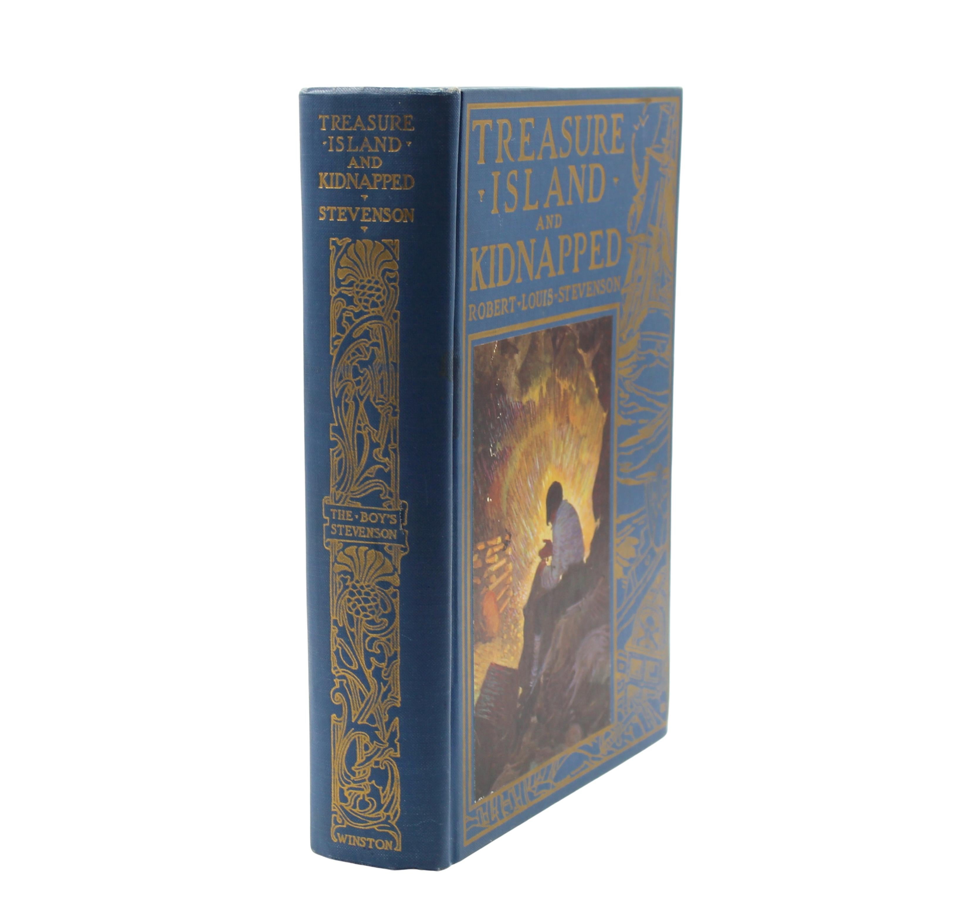Stevenson, Robert Louis. Treasure Island. [and] Kidnapped. Chicago, Philadelphia, Toronto: John C. Winston, 1924, 1925. Illustrated by Frank Goodwin. Octavo. In the publisher's original blue hardcover boards with gilt stamped titles, decorative