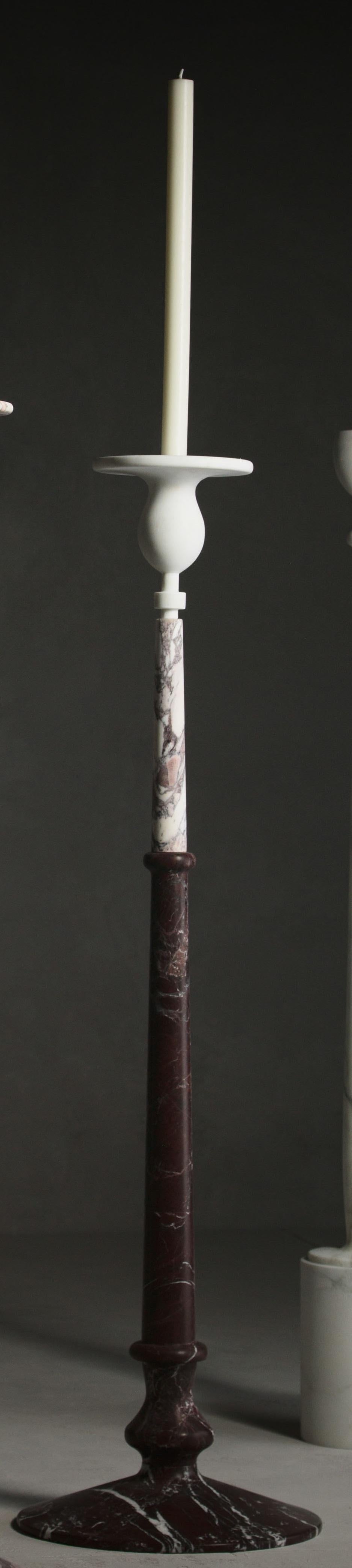 Treasure L Candlestick by Kreoo 
Designed by Christophe Pillet
Dimensions: Ø 43 x H 154 cm.
Materials: Arabescato, Breccia Medicea, and Rosso Lepanto marbles.

Available in different marble options. Available in four different sizes. Please contact