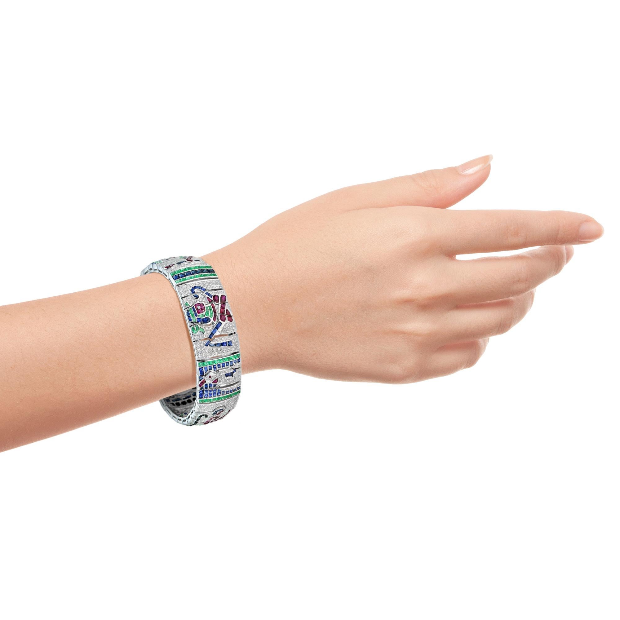 Treasures of Egypt Multi Gemstones Antique Inspired Bracelet in 18k White Gold For Sale 5
