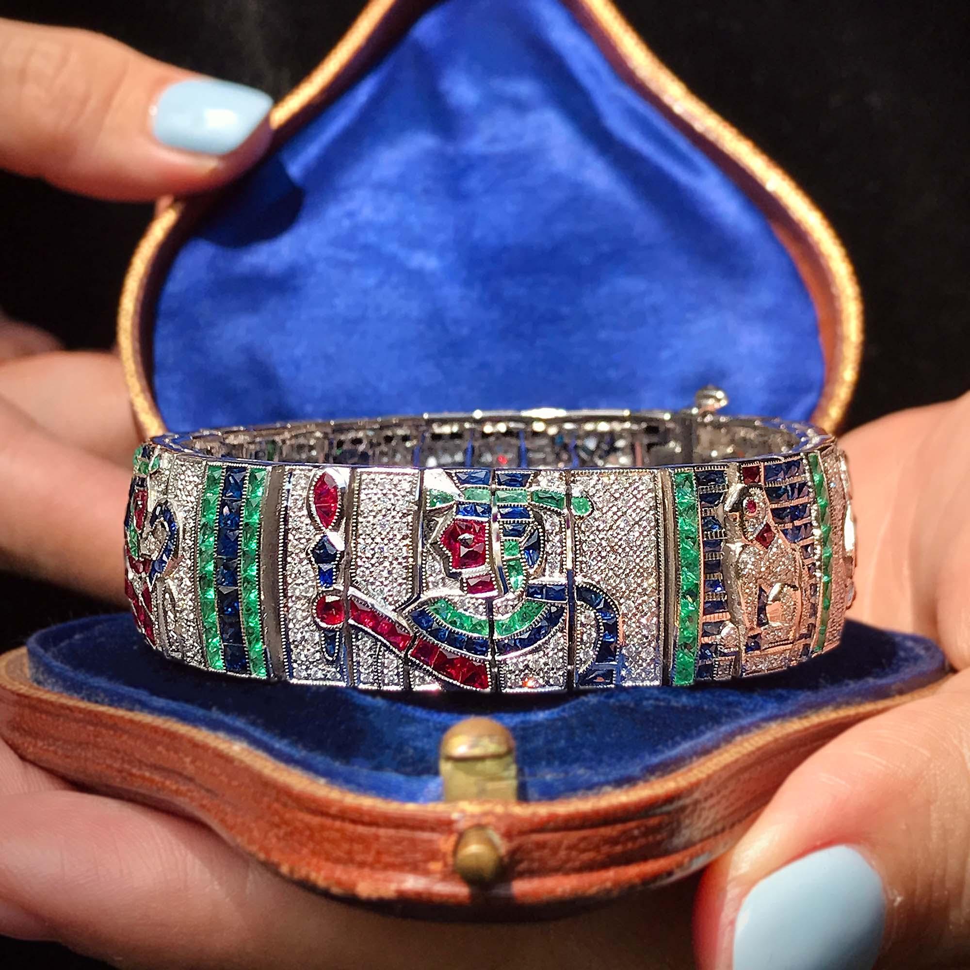 Art Deco Treasures of Egypt Multi Gemstones Antique Inspired Bracelet in 18k White Gold For Sale