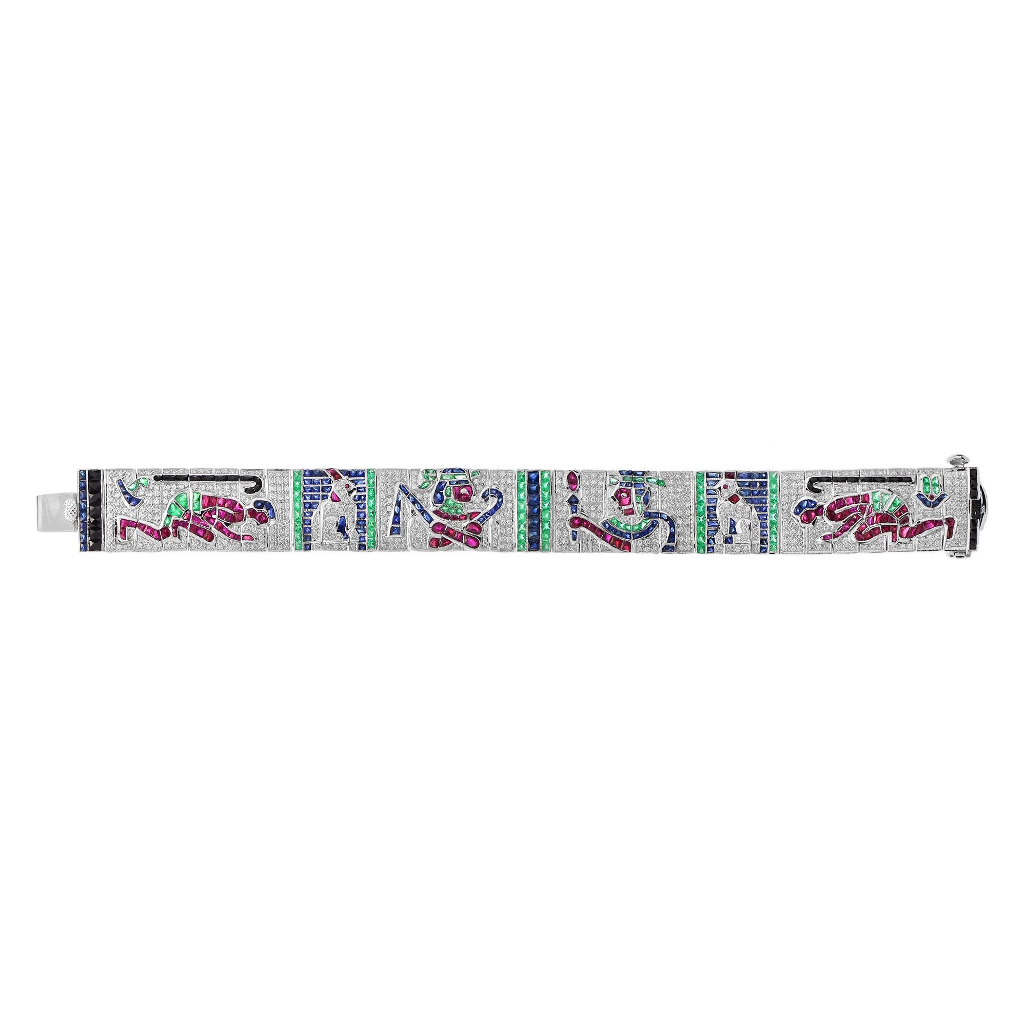 Art Deco Treasures of Egypt Multi Gemstones Antique Inspired Bracelet in 18k White Gold