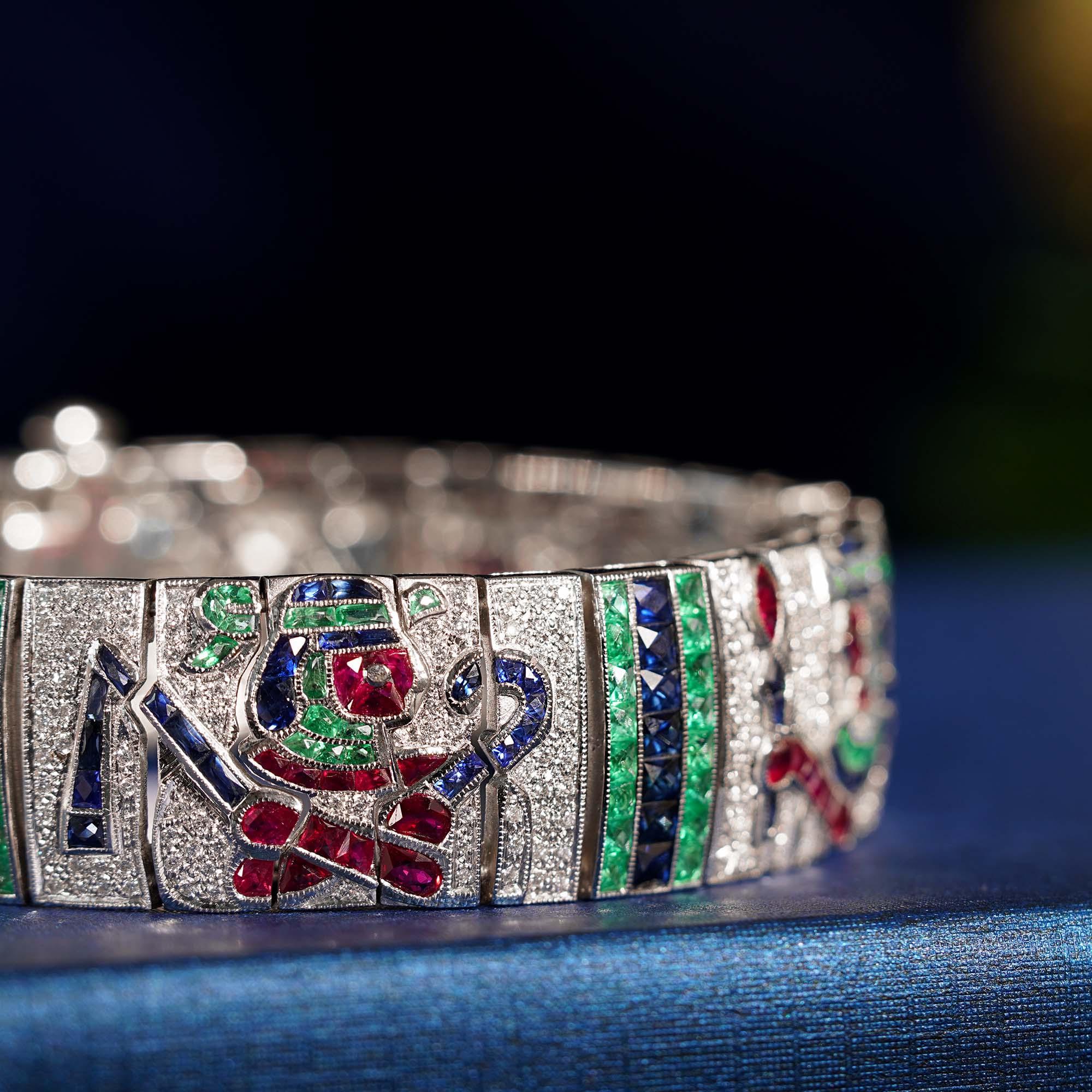 Round Cut Treasures of Egypt Multi Gemstones Antique Inspired Bracelet in 18k White Gold For Sale