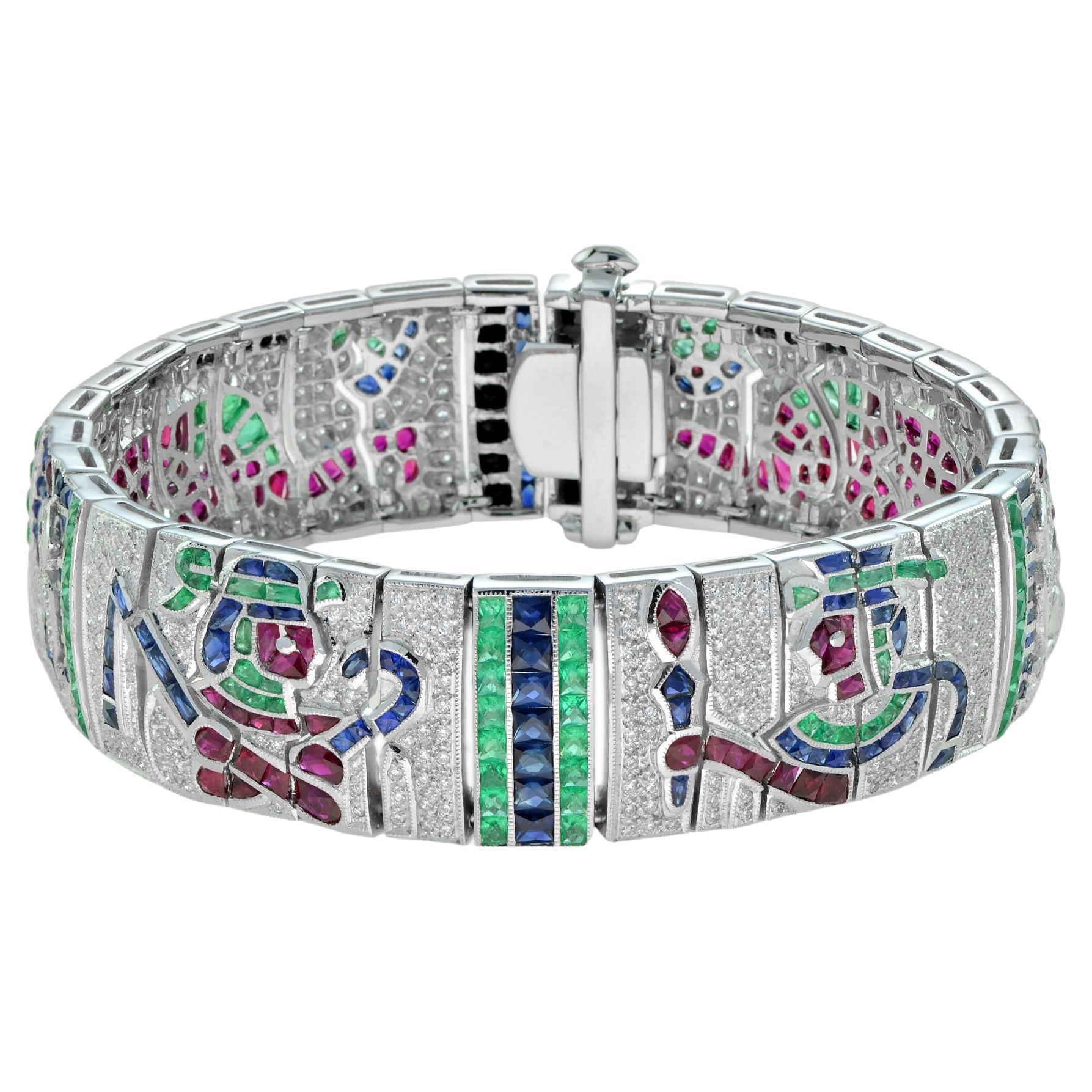 Treasures of Egypt Multi Gemstones Antique Inspired Bracelet in 18k White Gold In New Condition For Sale In Bangkok, TH