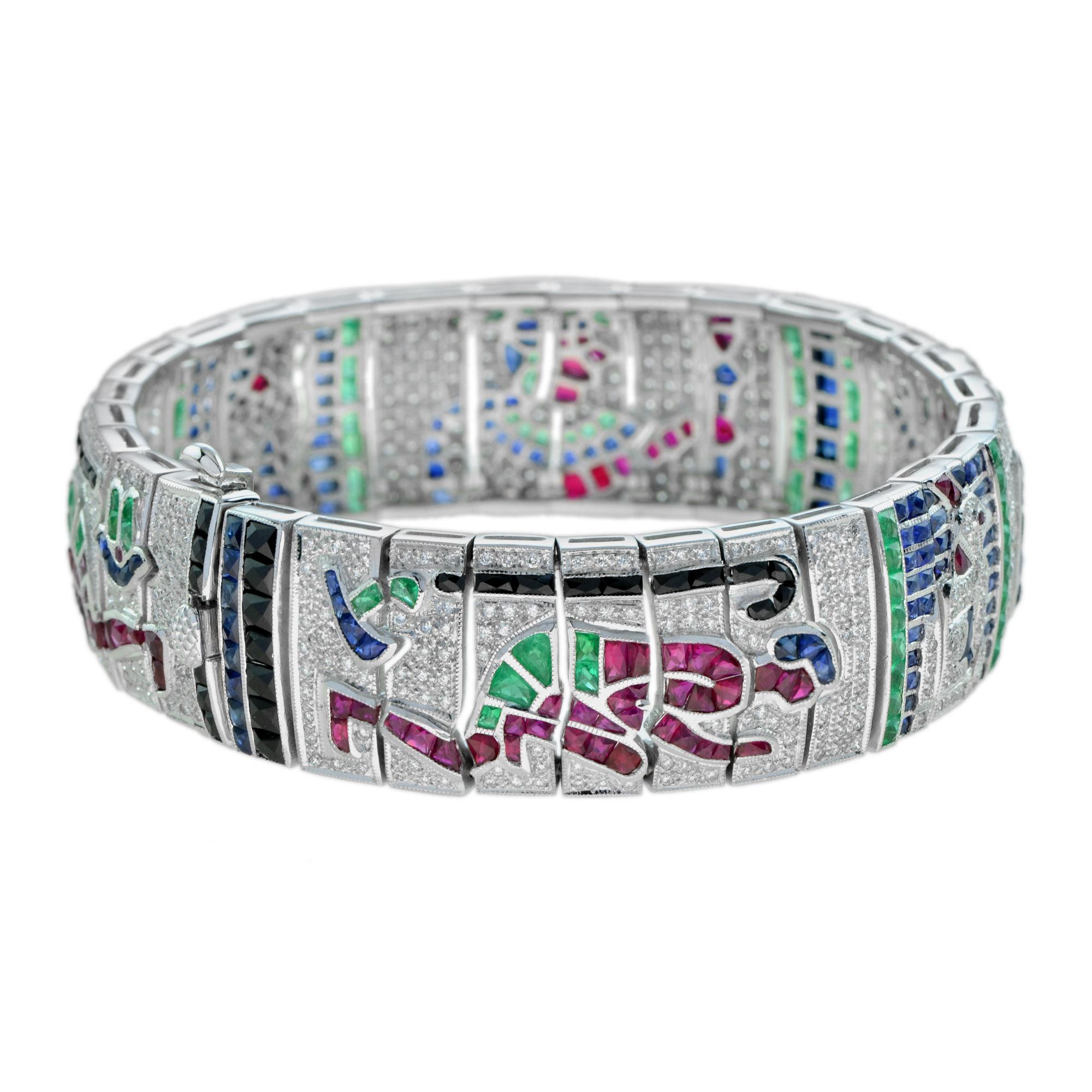 Women's Treasures of Egypt Multi Gemstones Antique Inspired Bracelet in 18k White Gold For Sale