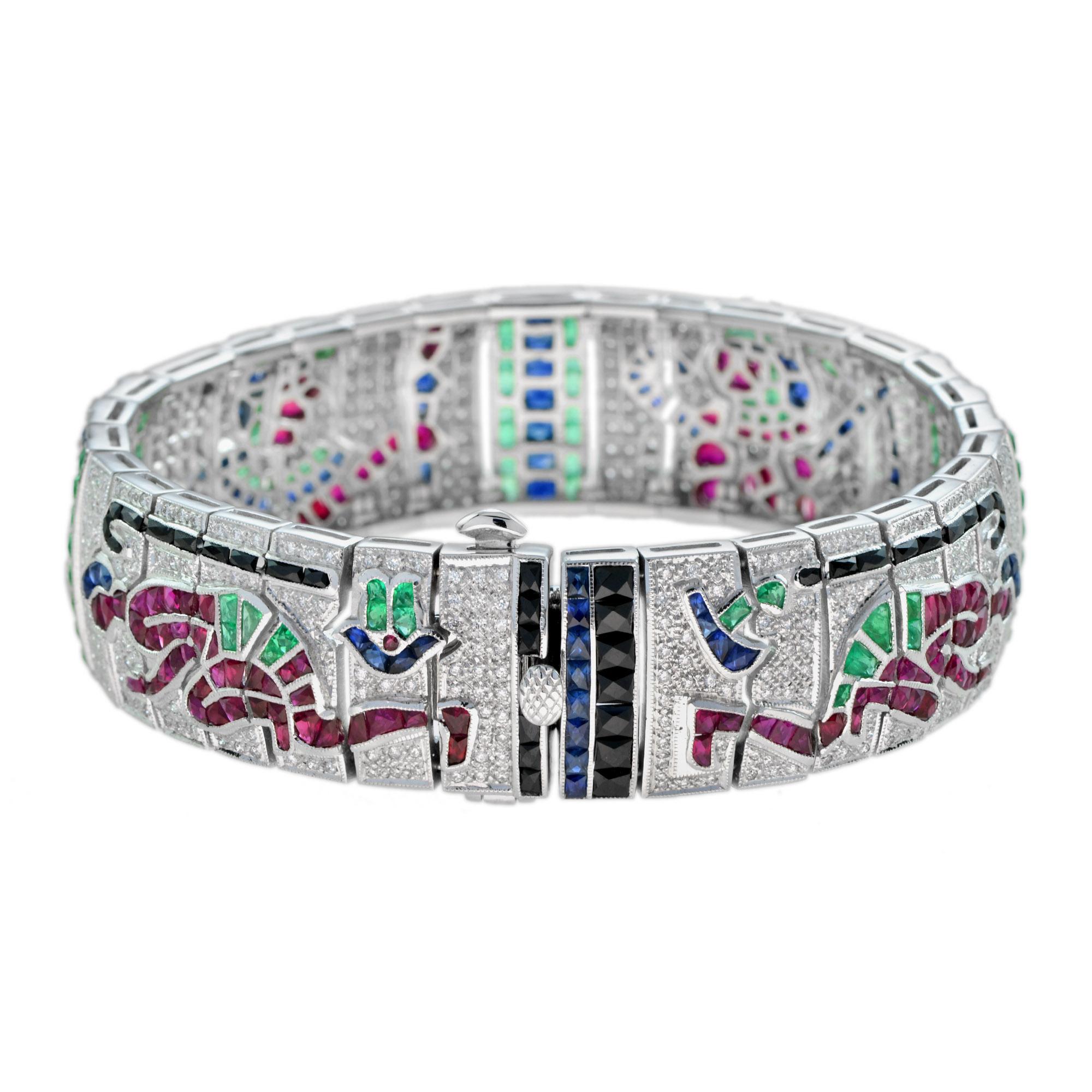 Treasures of Egypt Multi Gemstones Antique Inspired Bracelet in 18k White Gold For Sale 2