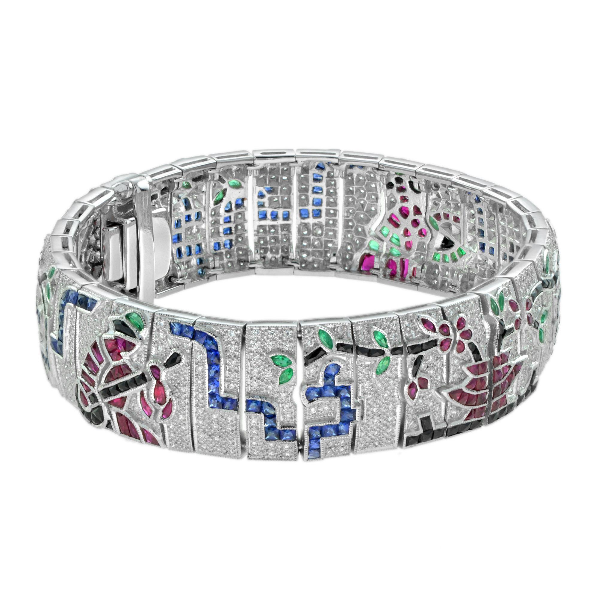 A rare and incredible Japanese revival color gemstones and diamond wide bracelet. Japanese style flowers vases and a musician with his Japanese traditional musical instrument are adorned. The bracelet features diamonds, blue sapphires, rubies, and