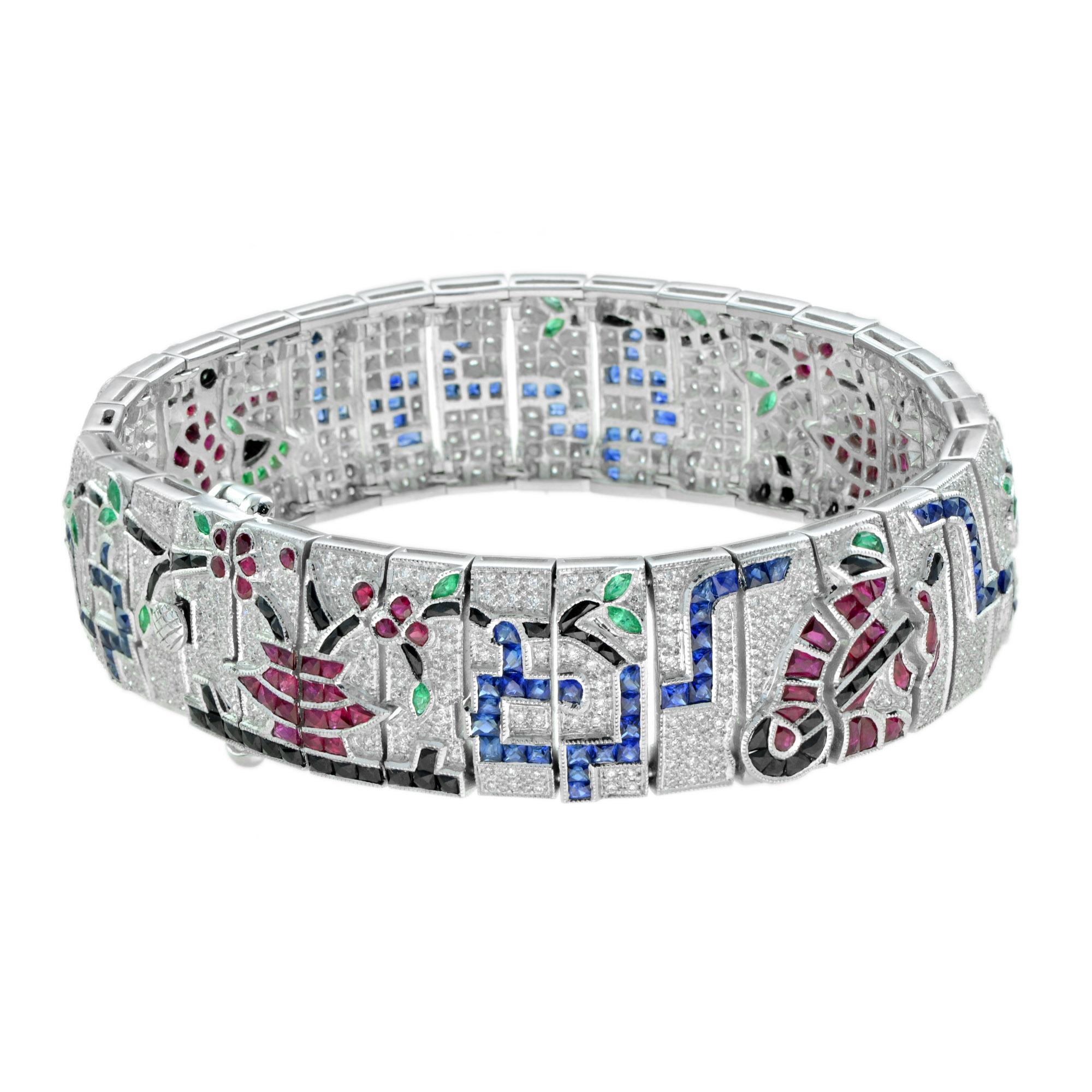 Art Deco Treasures of Multi Gemstones Antique Inspired 18K White Gold Unique Bracelet For Sale