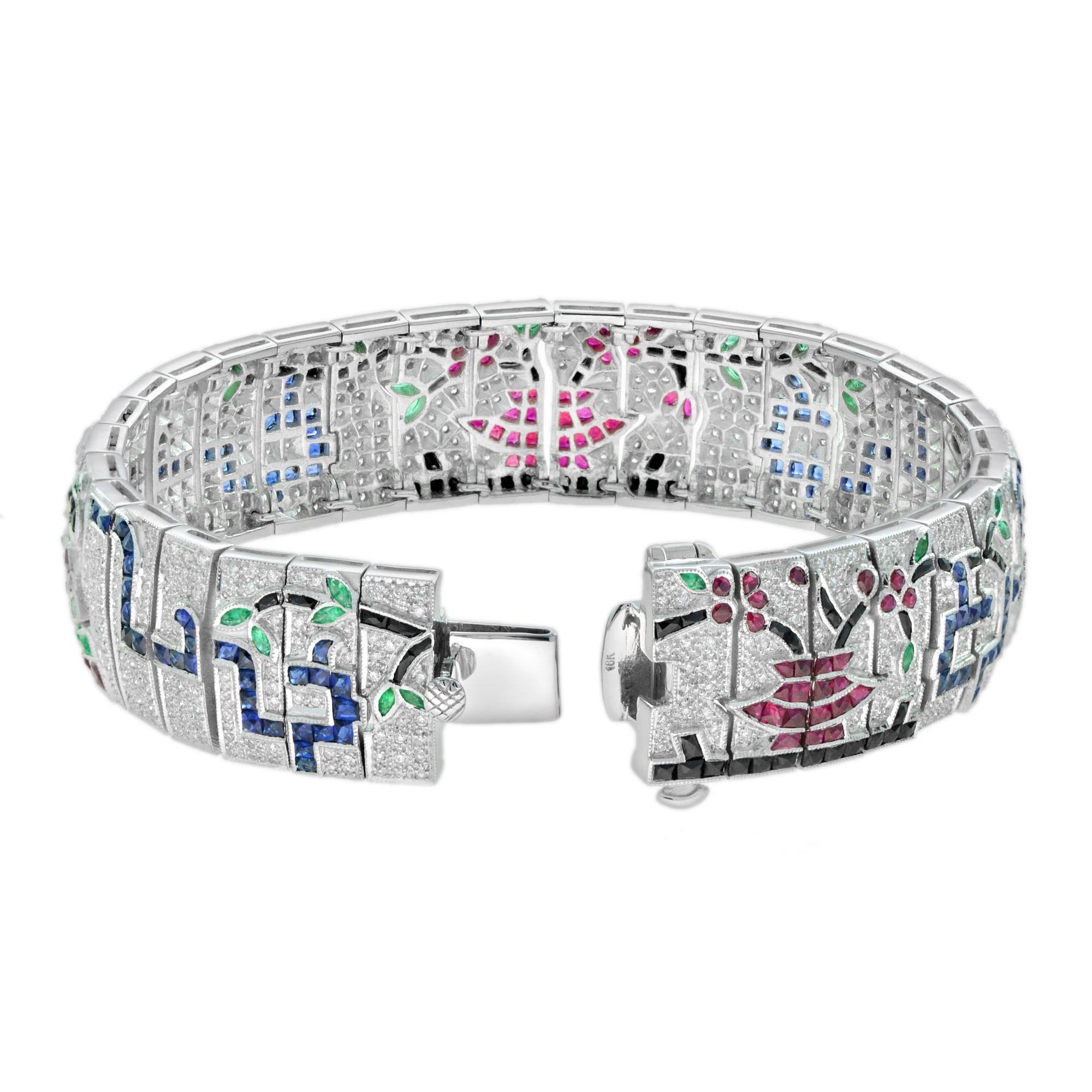 Round Cut Treasures of Multi Gemstones Antique Inspired 18K White Gold Unique Bracelet For Sale