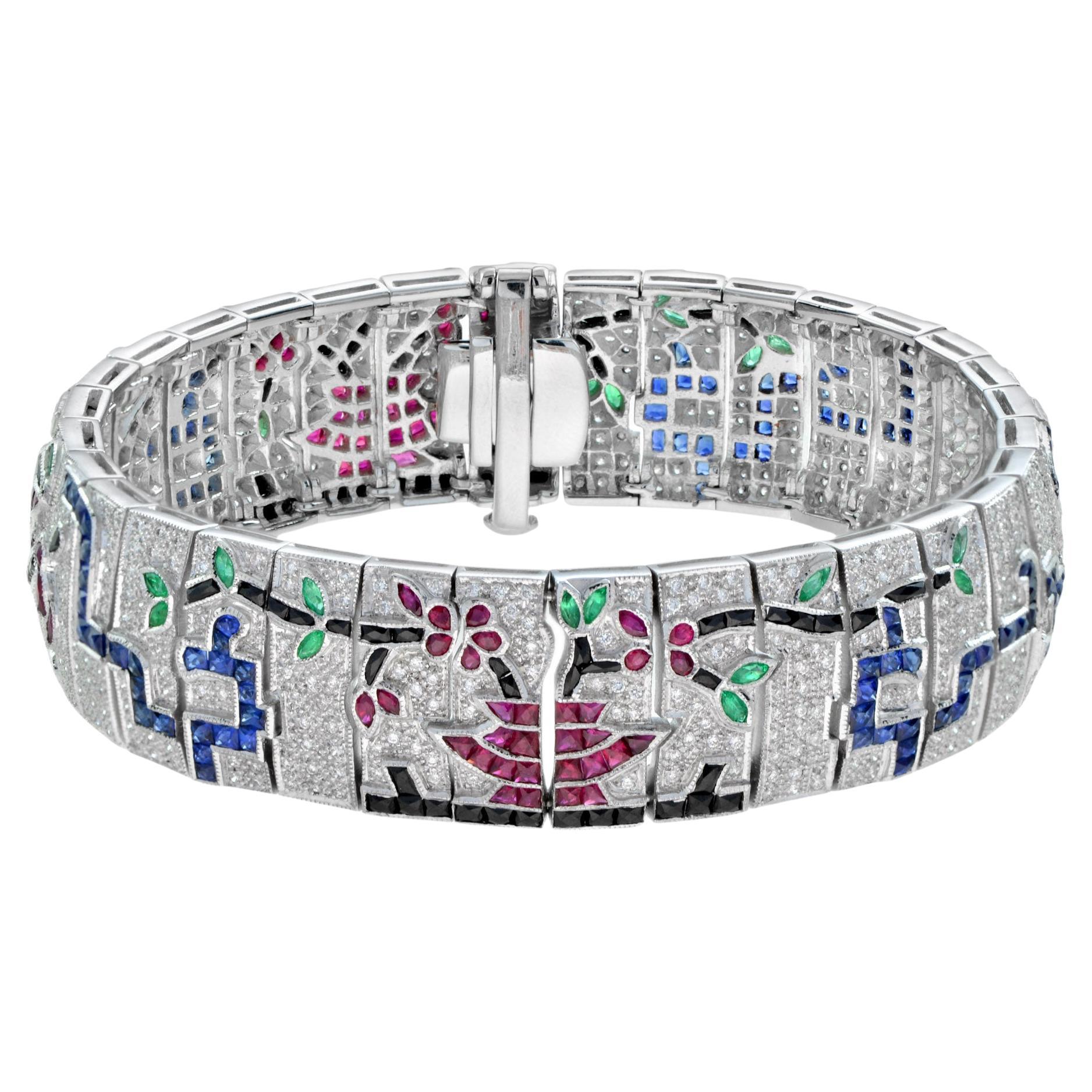 Treasures of Multi Gemstones Antique Inspired 18K White Gold Unique Bracelet For Sale