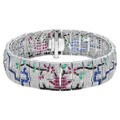 Treasures of Multi Gemstones Antique Inspired 18K White Gold Unique Bracelet