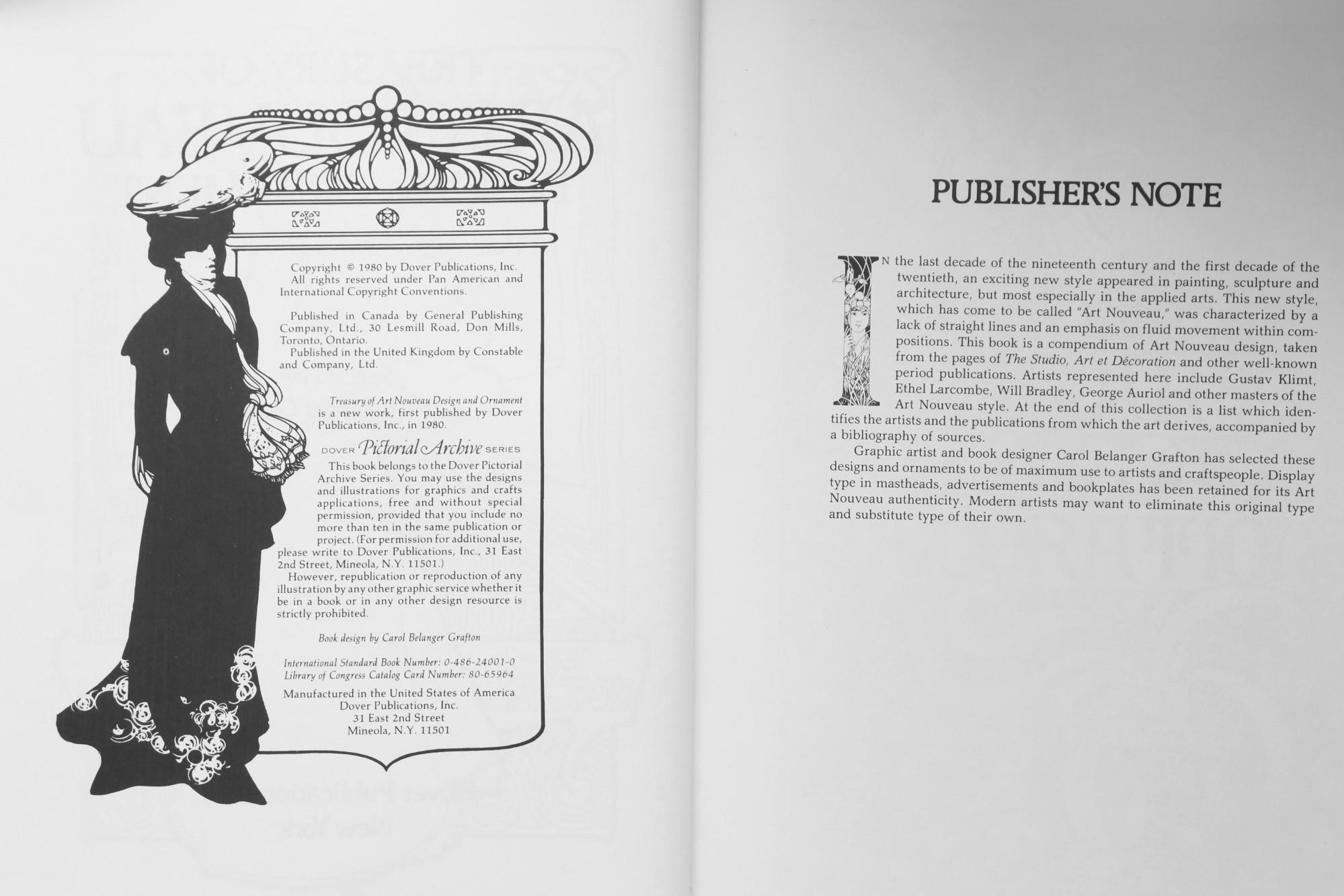 Treasury of Art Nouveau Design/One, un archivio pittorico di 577 illustrazioni, selezionate da Carol Belanger Grafton. Libro con copertina morbida, pubblicato nel 1980 da Dover Publications, Inc. Prodotto negli Stati Uniti d'America. Illustrato, 137