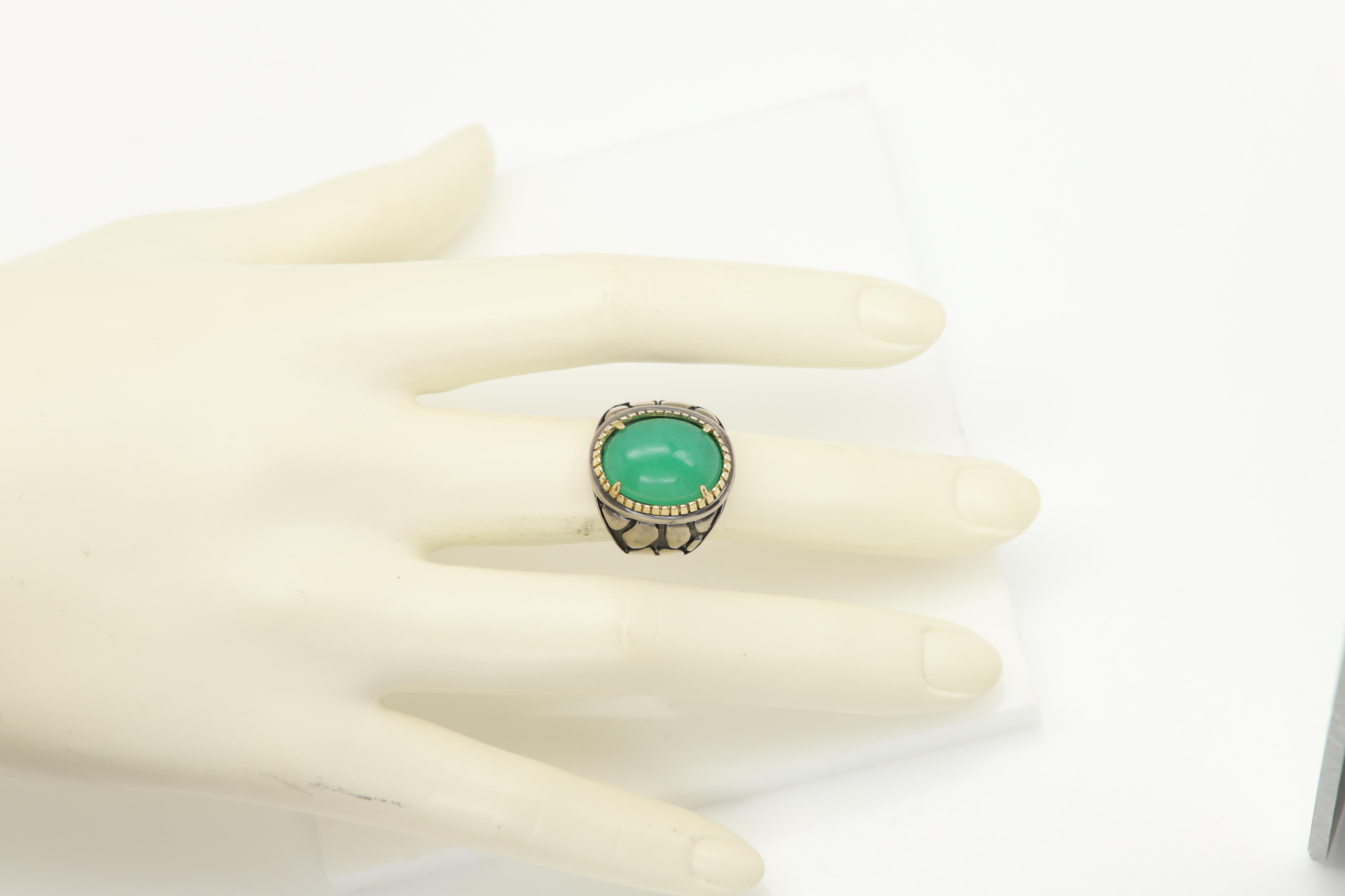 Natural Jade Ring Sterling Silver 925 and 18 Karat Gold Green Jade Jewelry in vendita 5