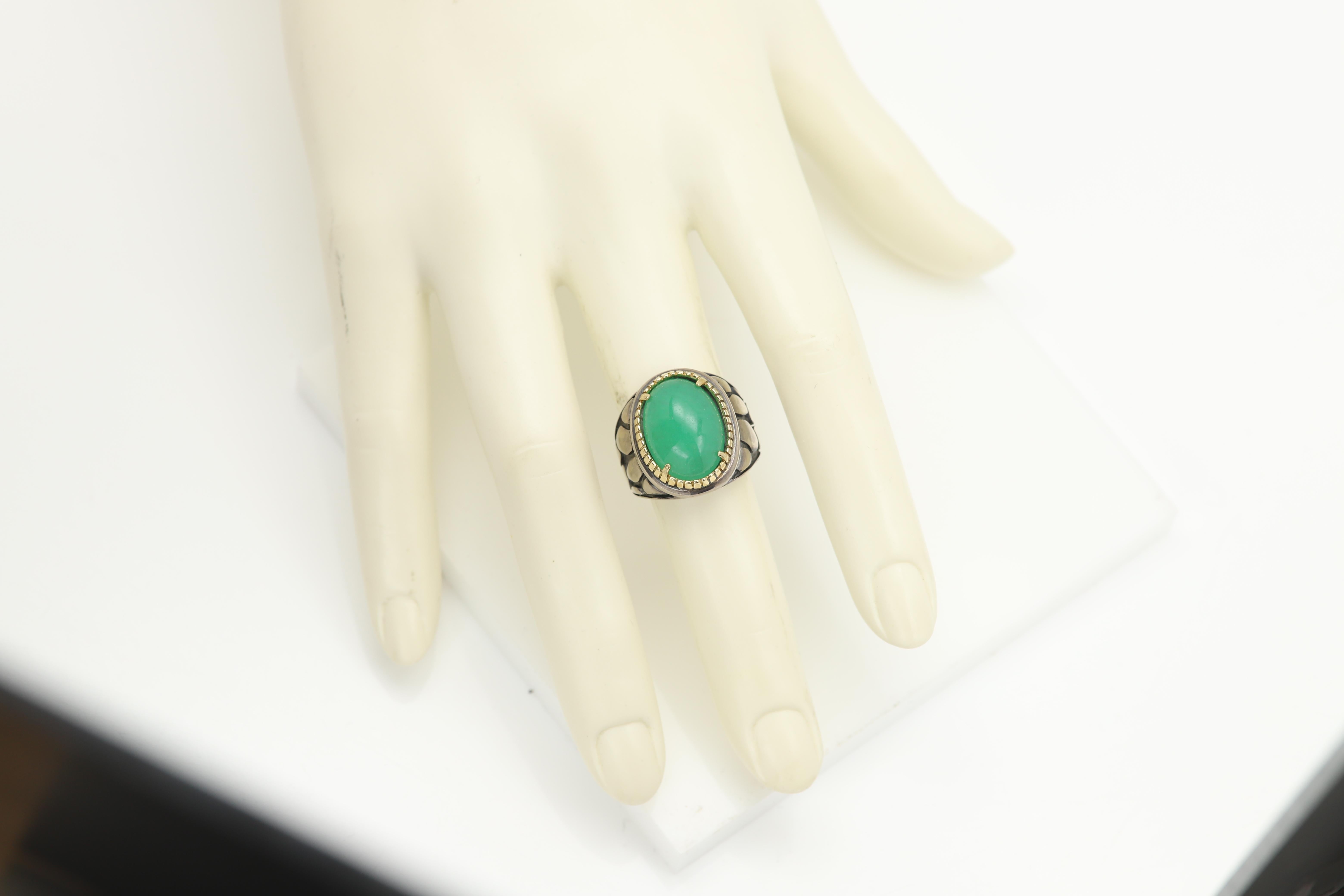 Natural Jade Ring Sterling Silver 925 and 18 Karat Gold Green Jade Jewelry in vendita 6