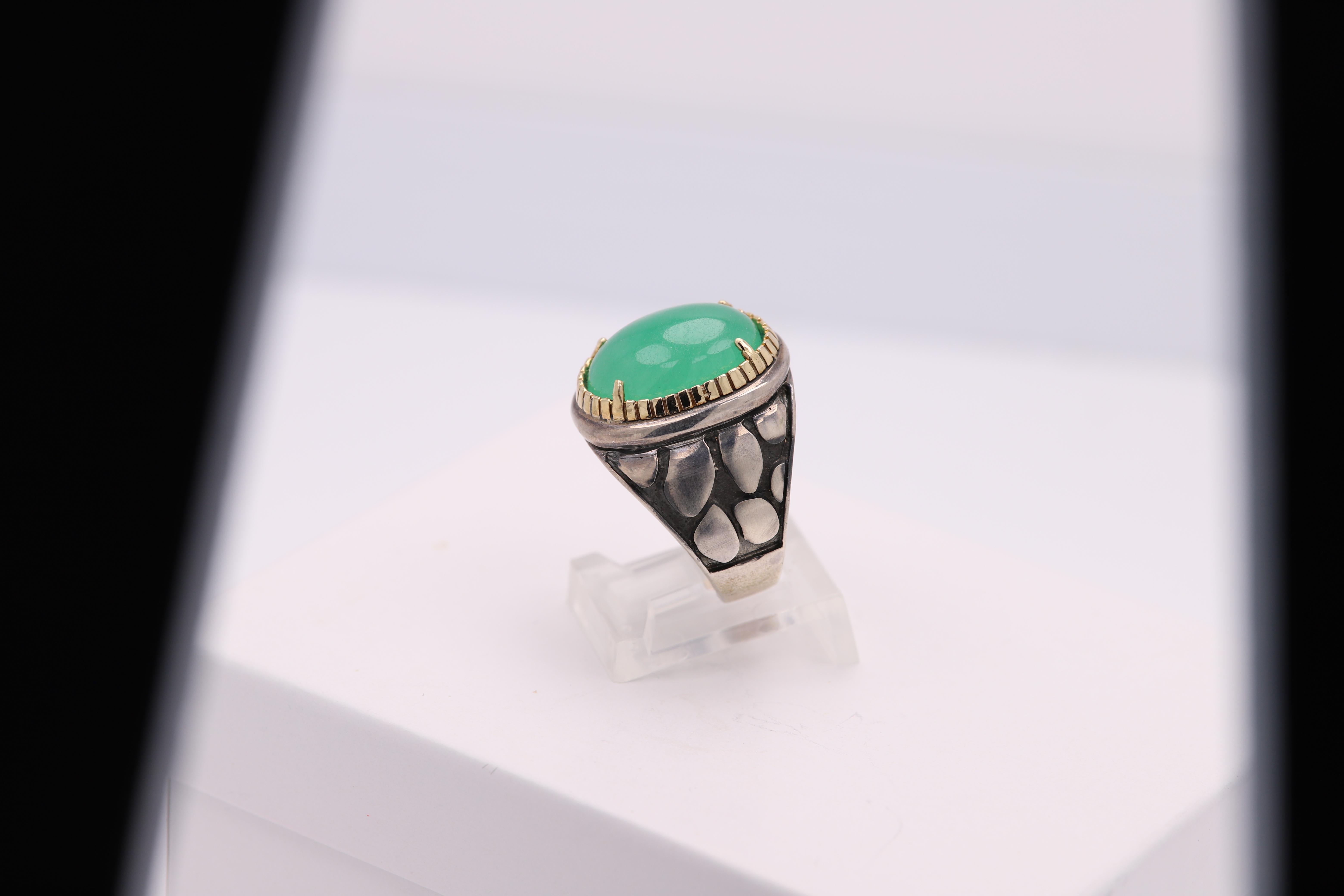 Natural Jade Ring Sterling Silver 925 and 18 Karat Gold Green Jade Jewelry in vendita 2