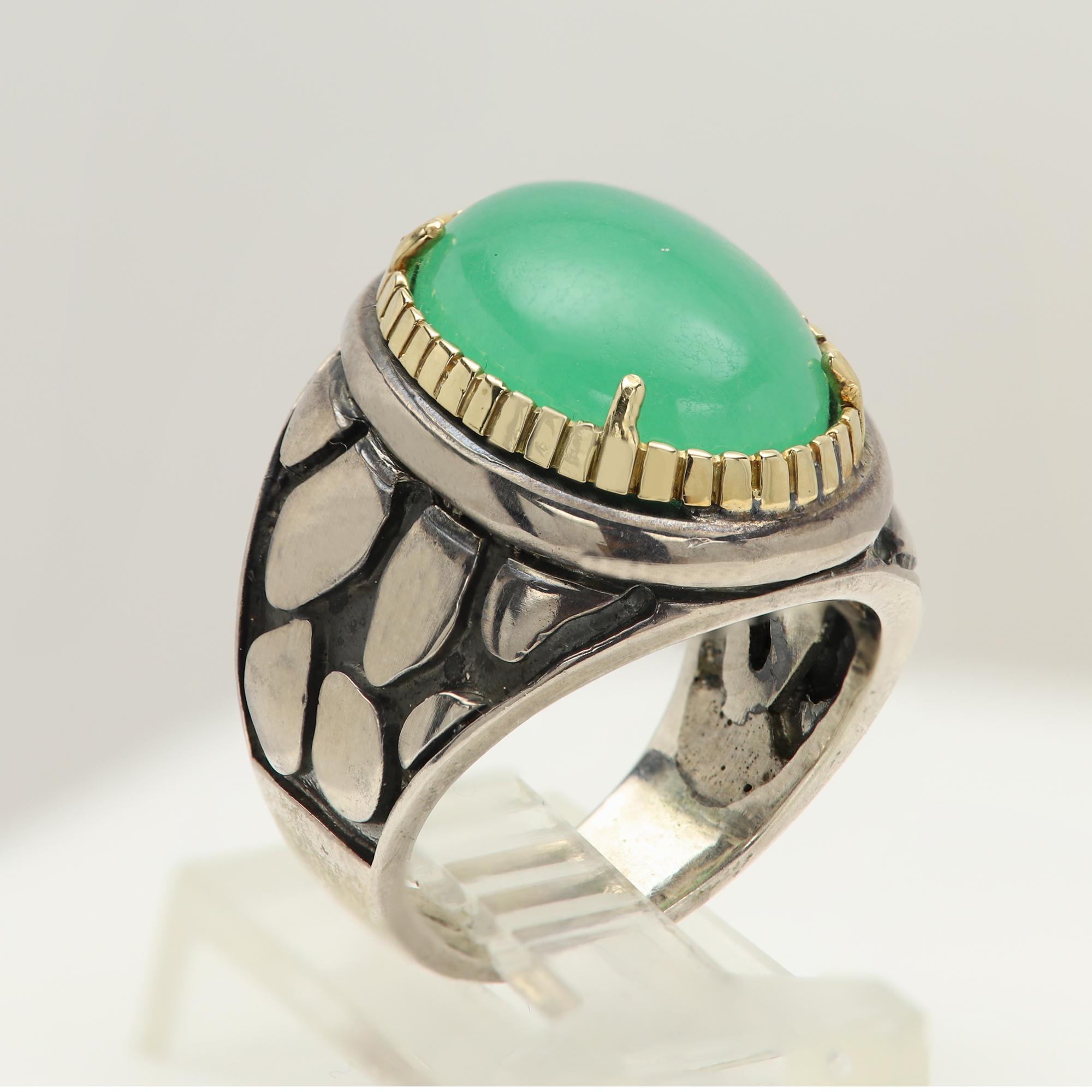 Natural Jade Ring Sterling Silver 925 and 18 Karat Gold Green Jade Jewelry in vendita 4